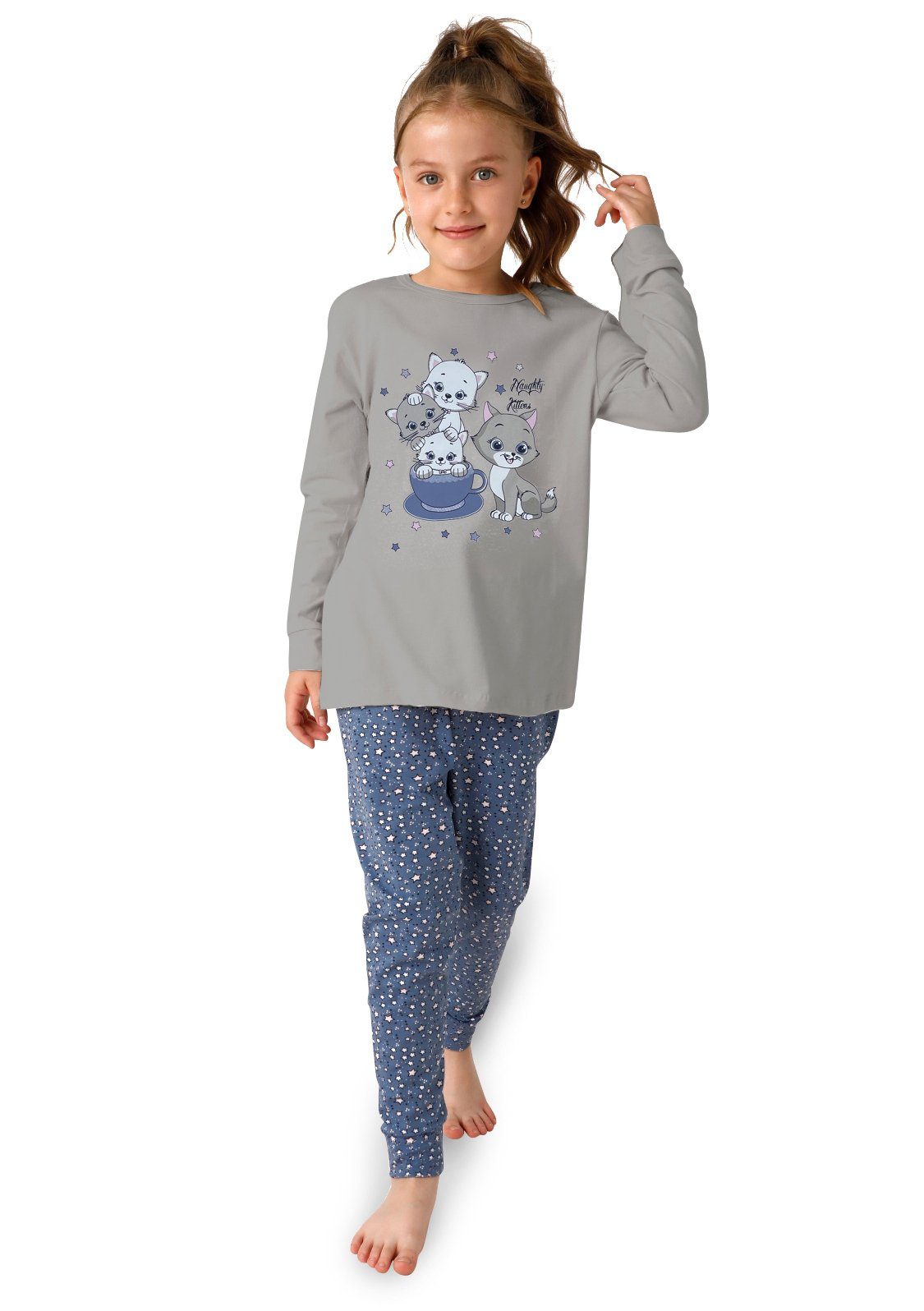 2 Mädchen Pyjama Baumwolle (Set, Schlafanzug LOREZA Katze Set Beige Pyjama Hausanzug langarm tlg)