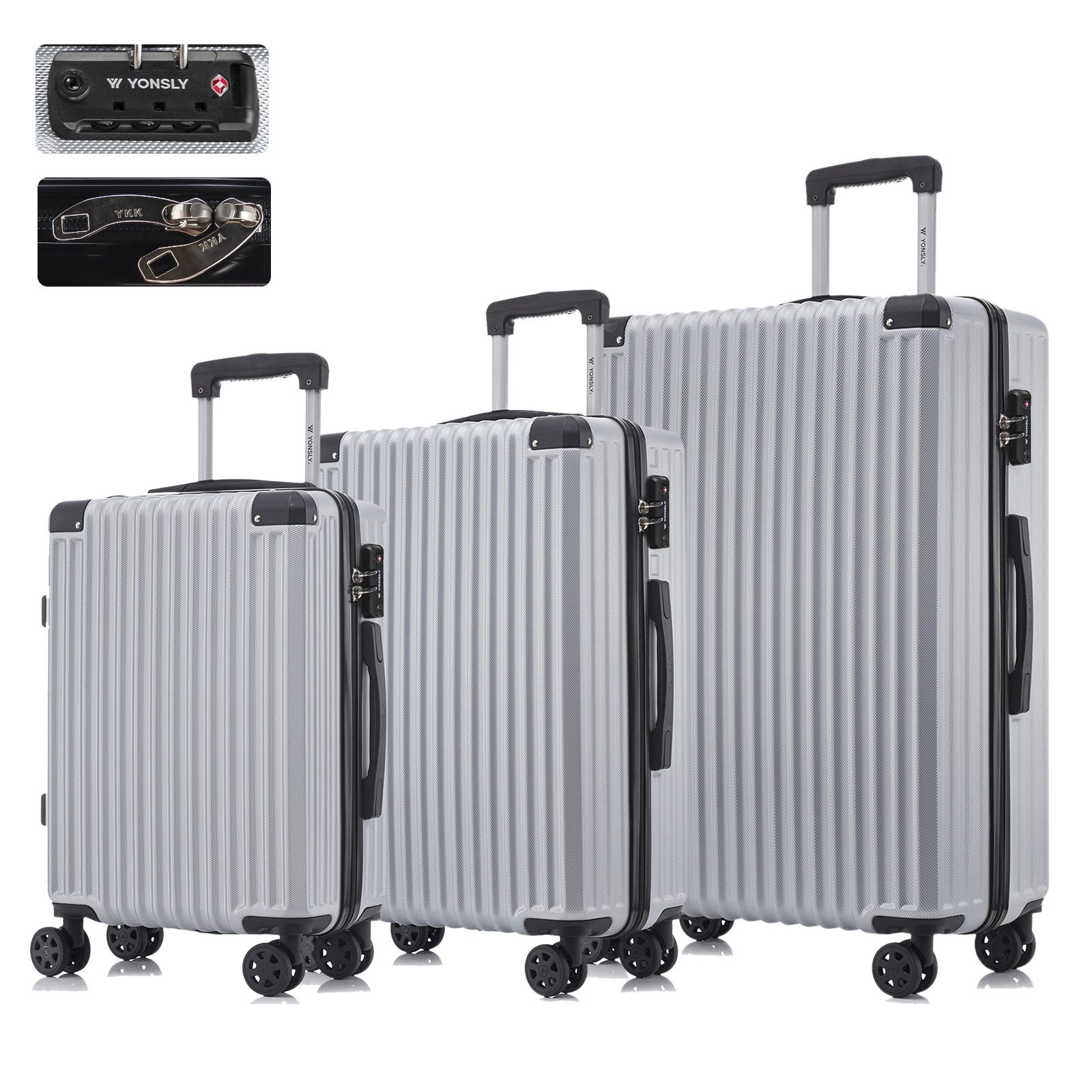 YONSLY Kofferset Reisekoffer Trolley Hartschale ABS für Urlaubs- & Geschäftsreisen, 4 Rollen, (Hartschale, 3 tlg., M/L/XL), TSA-Schloss, YKK-Reißverschluss & austauschbare Rollen/Griffe