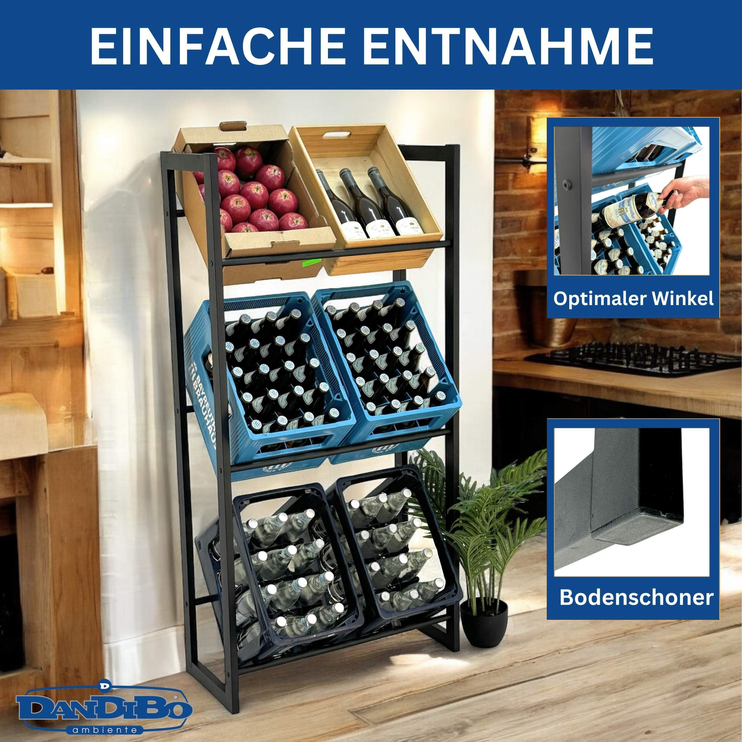DanDiBo Standregal Getränkekistenregal 6 Kisten Schwarz Metall Stehend 96563 71 cm, 3 Etagen, Platzsparend, Multifunktionell