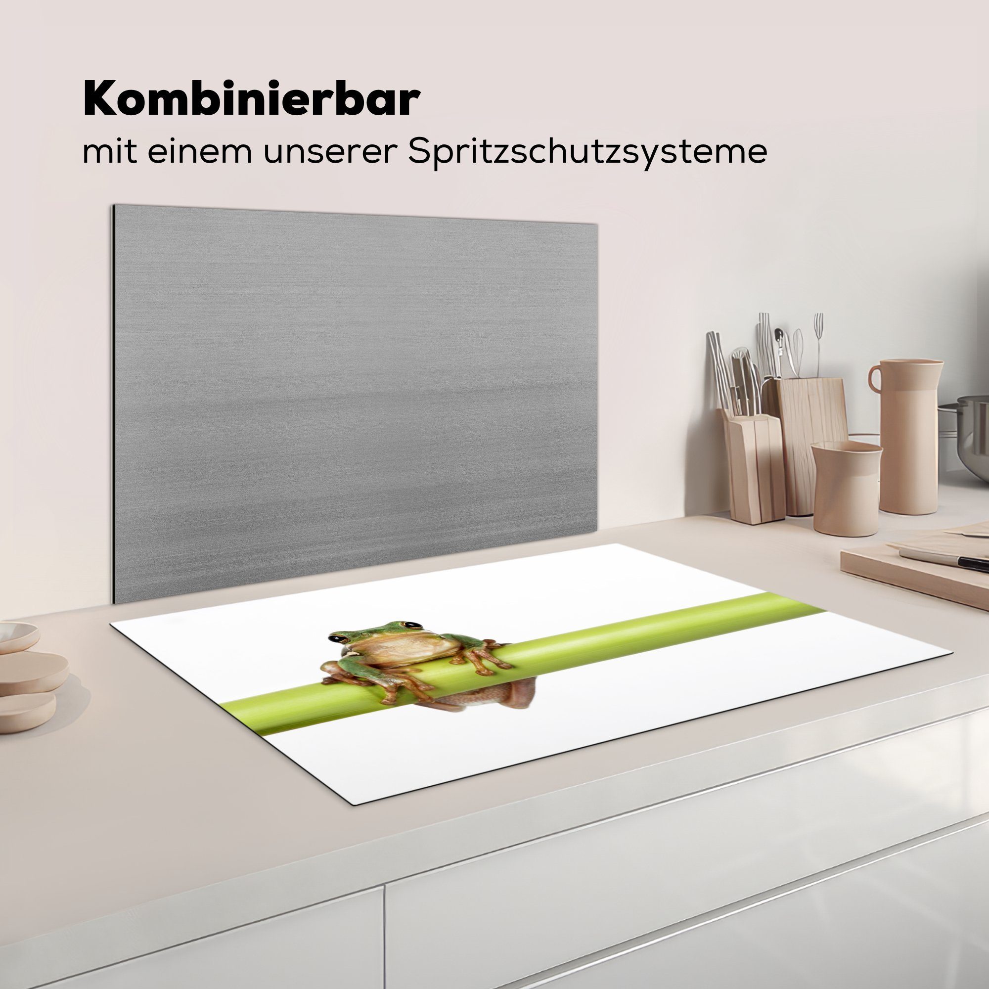 Schutz Vinyl, (1 Frosch 81x52 - cm, Ceranfeldabdeckung die Bambus küche, Herdblende-/Abdeckplatte tlg), Weiß, MuchoWow - Induktionskochfeld für