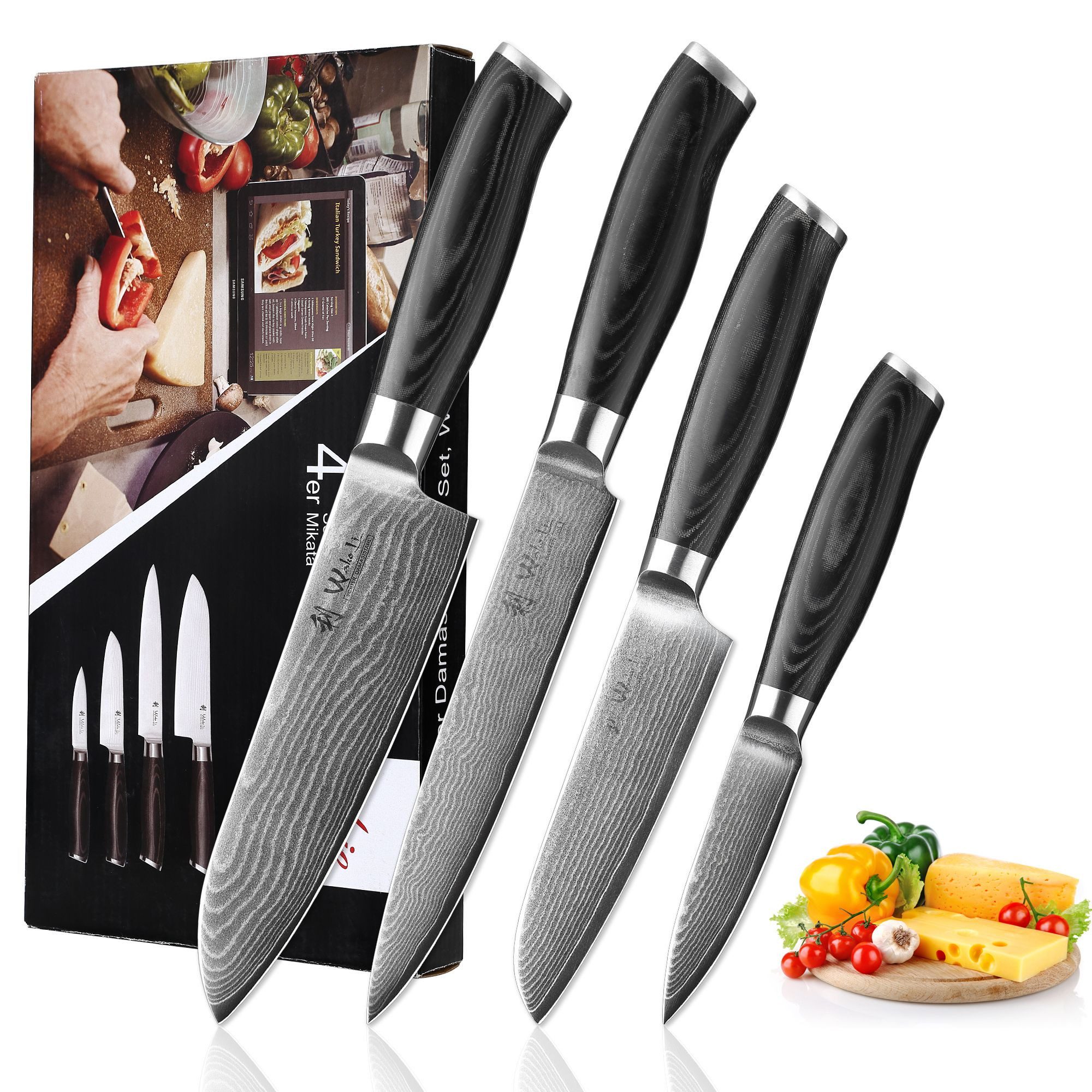 Wakoli Messer-Set Mikata 4er Damast Küchenmesser Set Klingen 8 bis 18 cm (Damastmesser mit Geschenkbox, 4-tlg., 4er Damastmesser Set), VG10 Kern, langanhaltende Schärfe, ergonomischer Griff
