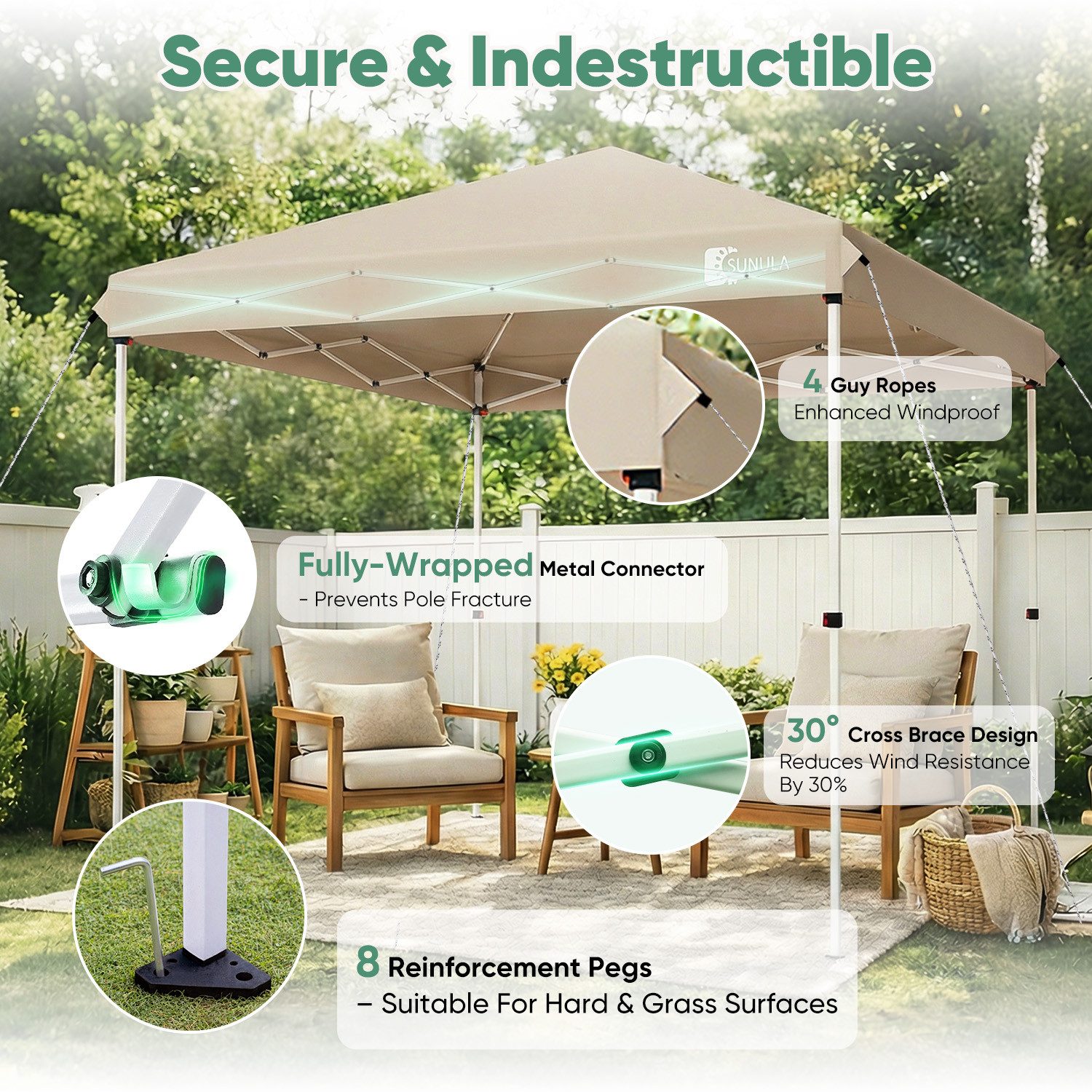 SUNULA Faltpavillon 3x3 m Pavillion Wasserdicht Pop Up Gartenpavillon Winterfest, mit 0 Seitenteilen, Wetterfester Schutz, Leichter Aufbau, Inklusive Tragetasch – Bild 5 von 5