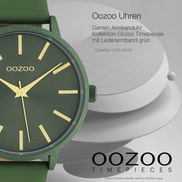 OOZOO Quarzuhr Oozoo Damen Armbanduhr grün, (Analoguhr), Damenuhr rund, groß (ca. 42mm) Lederarmband, Fashion-Style
