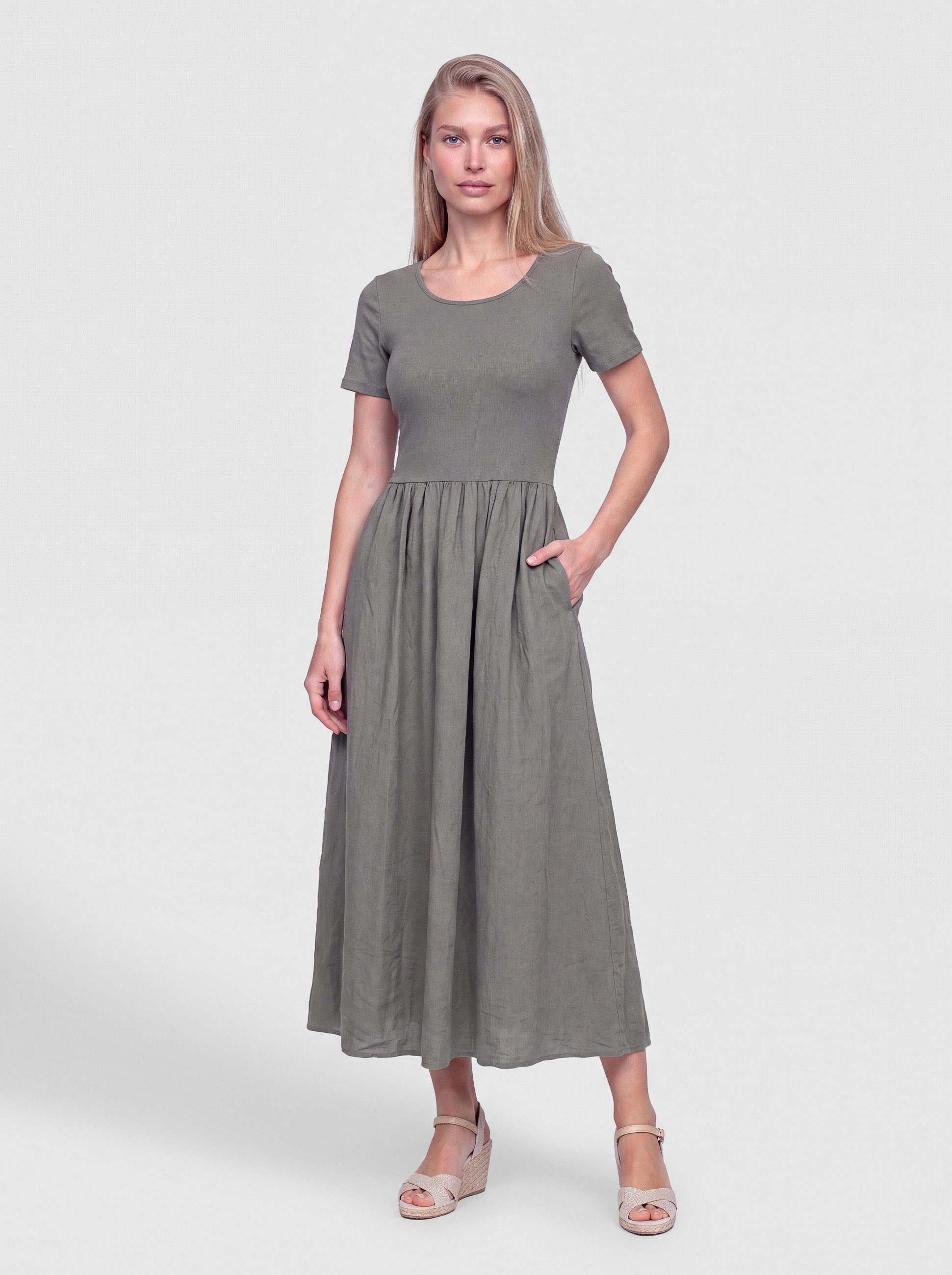 PEKIVESSA Sommerkleid Midikleid wadenlang Kurzarm mit Taschen Material-Mix aus Rippstrick und Viskoserock