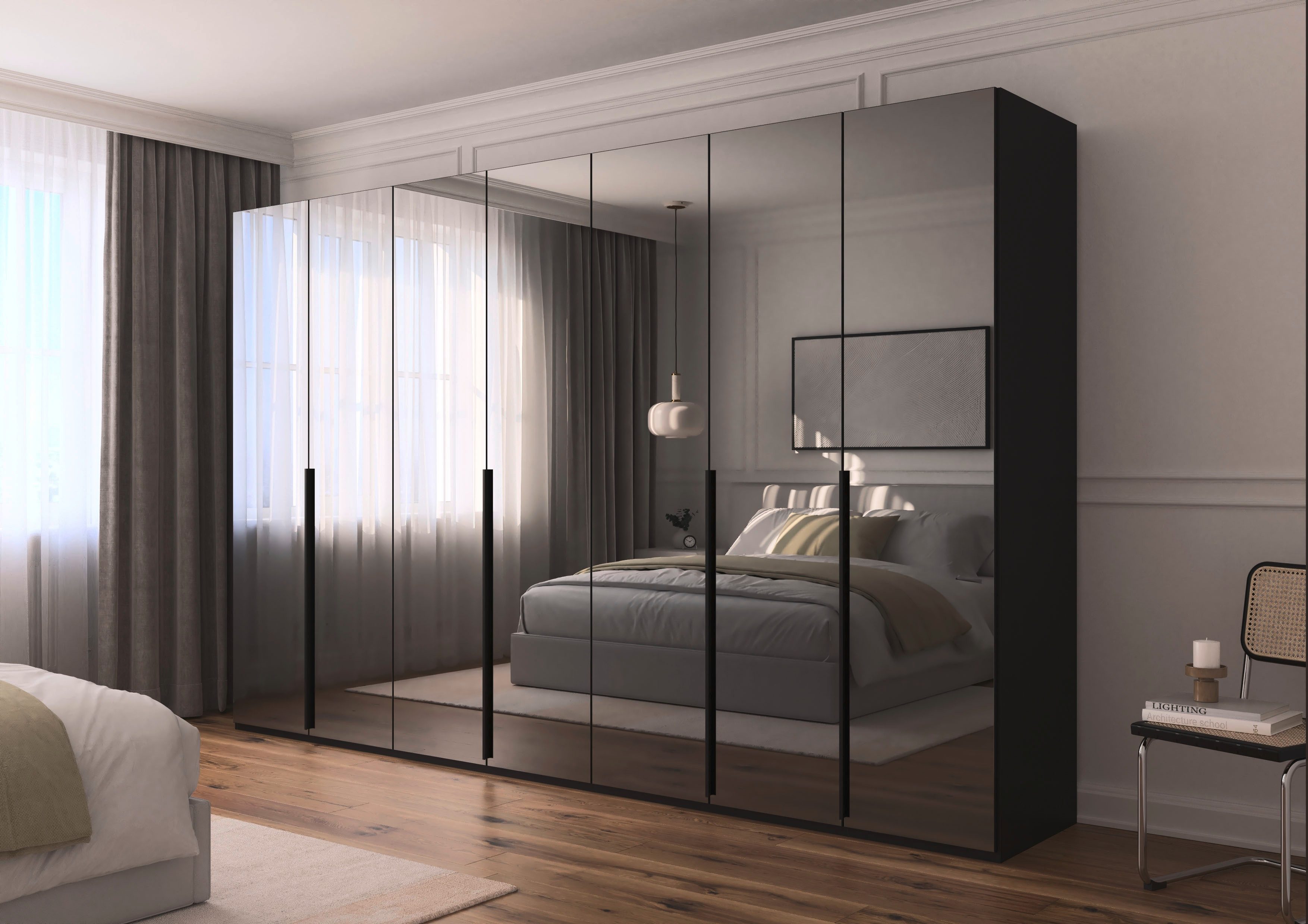 rauch Drehtürenschrank Kleiderschrank Schrank Garderobe Wäscheschrank BESTSELLER MONTCLAR (3 Ausstattungen BASIC/CLASSIC/PREMIUM (SOFT-CLOSE), Breiten 201-400 cm) Front in Glas/Hochglanz/Dekor/Grauspiegel in 5 Breiten MADE IN GERMANY