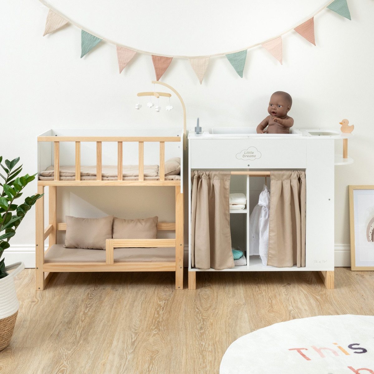 ELLA & PIET® Puppen Pflegecenter Großes Puppenpflegecenter NURSERY 6in1 aus Holz (Weiß-Schlamm), Puppencenter