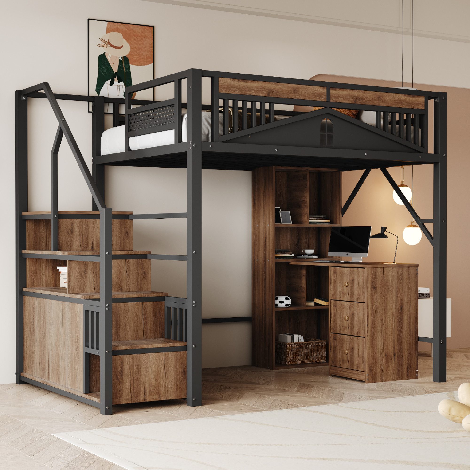 Merax Hochbett (Jugendbett Einzelbett Stockbett, 1-St) Metallbett Kinderbett 140x200cm mit Stauraumtreppe Schutzzaun Fenster