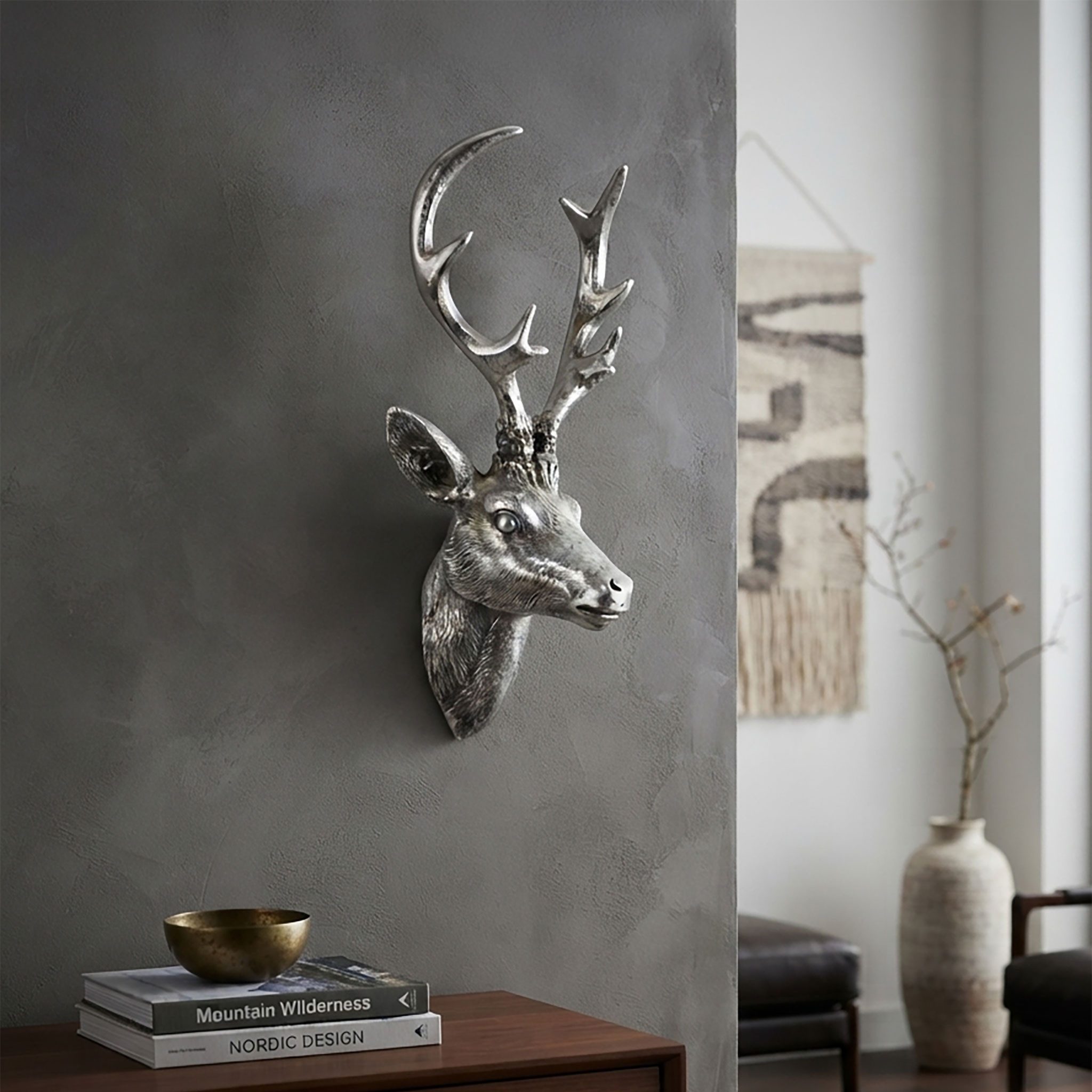 Spetebo Dekogeweih Hirschgeweih silber - 30 cm (Stück, 1 St., Geweih), Hirschkopf Wanddeko zum aufhängen