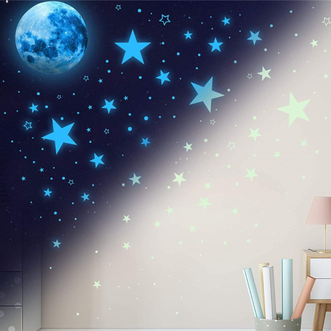 Haiaveng Wandtattoo Leuchtsterne Selbstklebend Kinderzimmer Sterne Wandsticker, Leuchtsticker Wandaufkleber Mond und Wandtattoo, Fluoreszierend