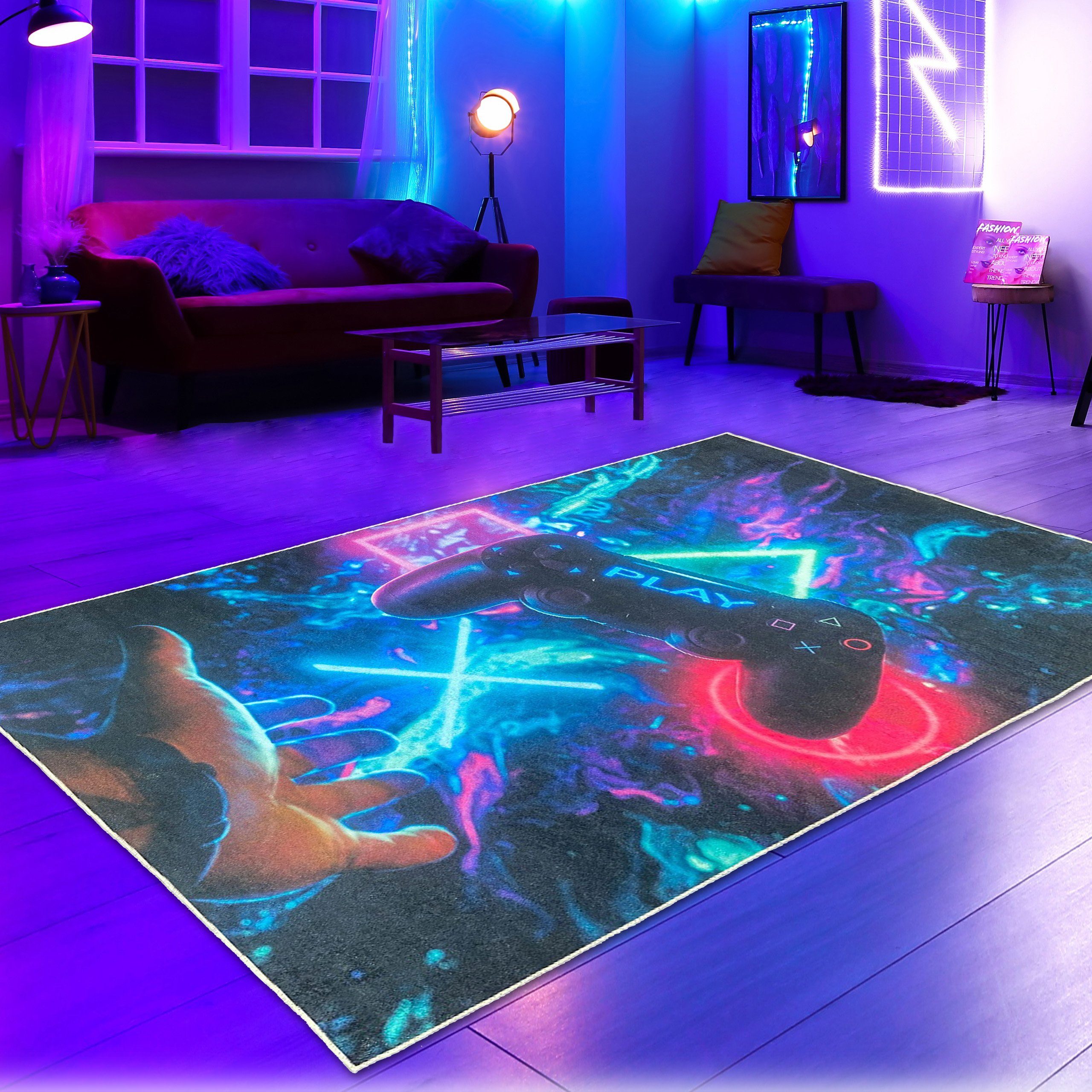 Teppich Gaming-Teppich mit neon-farbigen Symbolen und schwebendem Controller, Carpetia, rechteckig, Höhe: 5 mm