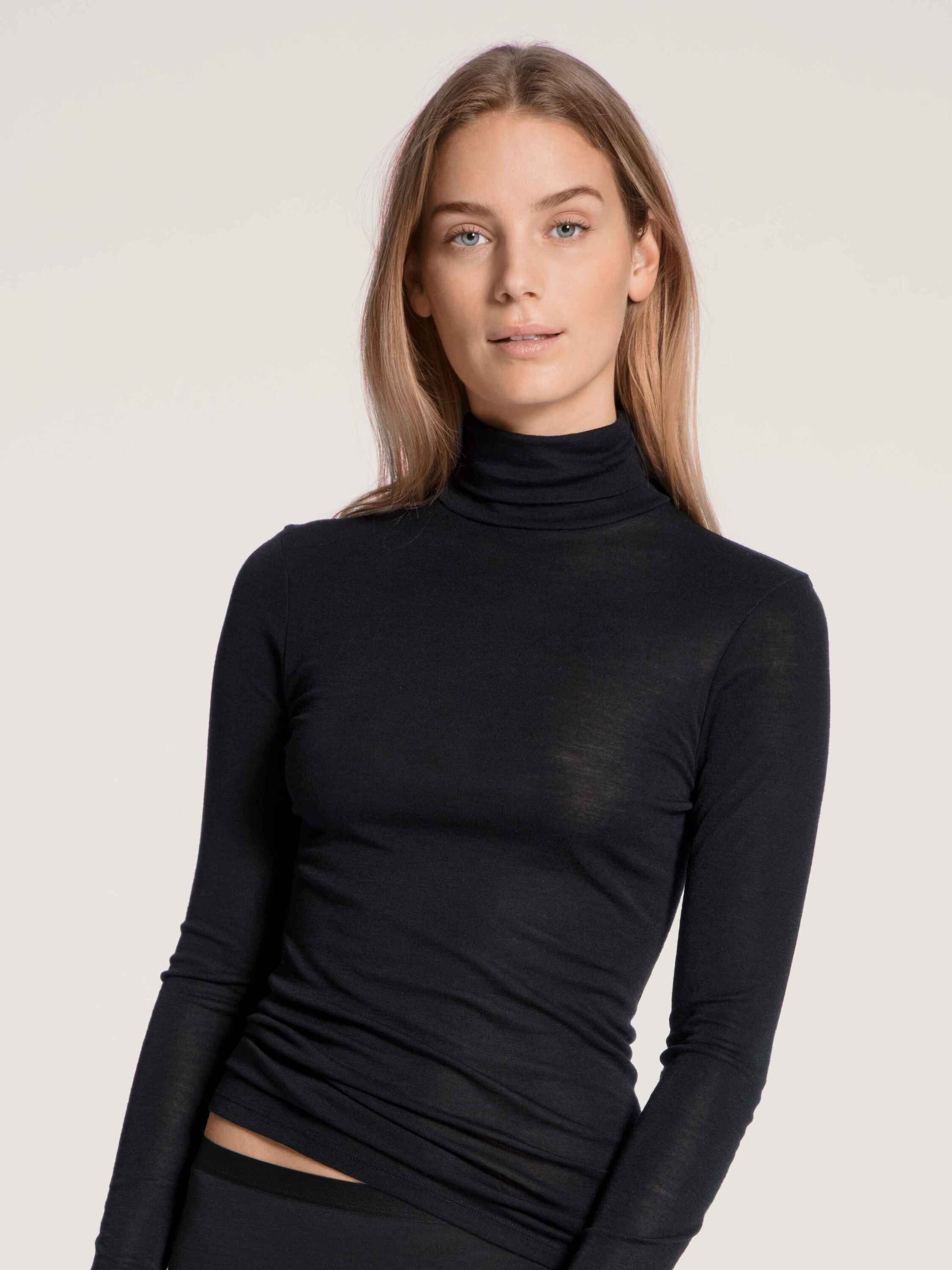 CALIDA Unterziehshirt Langarm-Shirt mit (1-St) WS aus Rollkragen schwarz Wolle-Seide