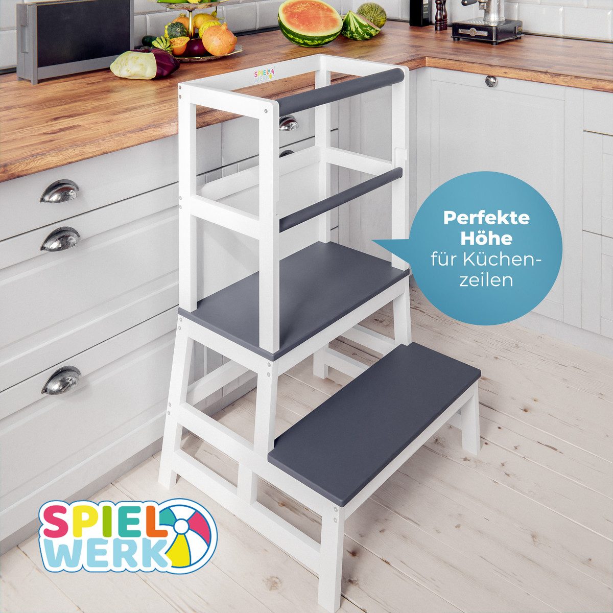 Spielwerk Stehhilfe, Lernturm ab 2 Jahren mit Tafel Montessori Tritthocker Lernstuhl Holz