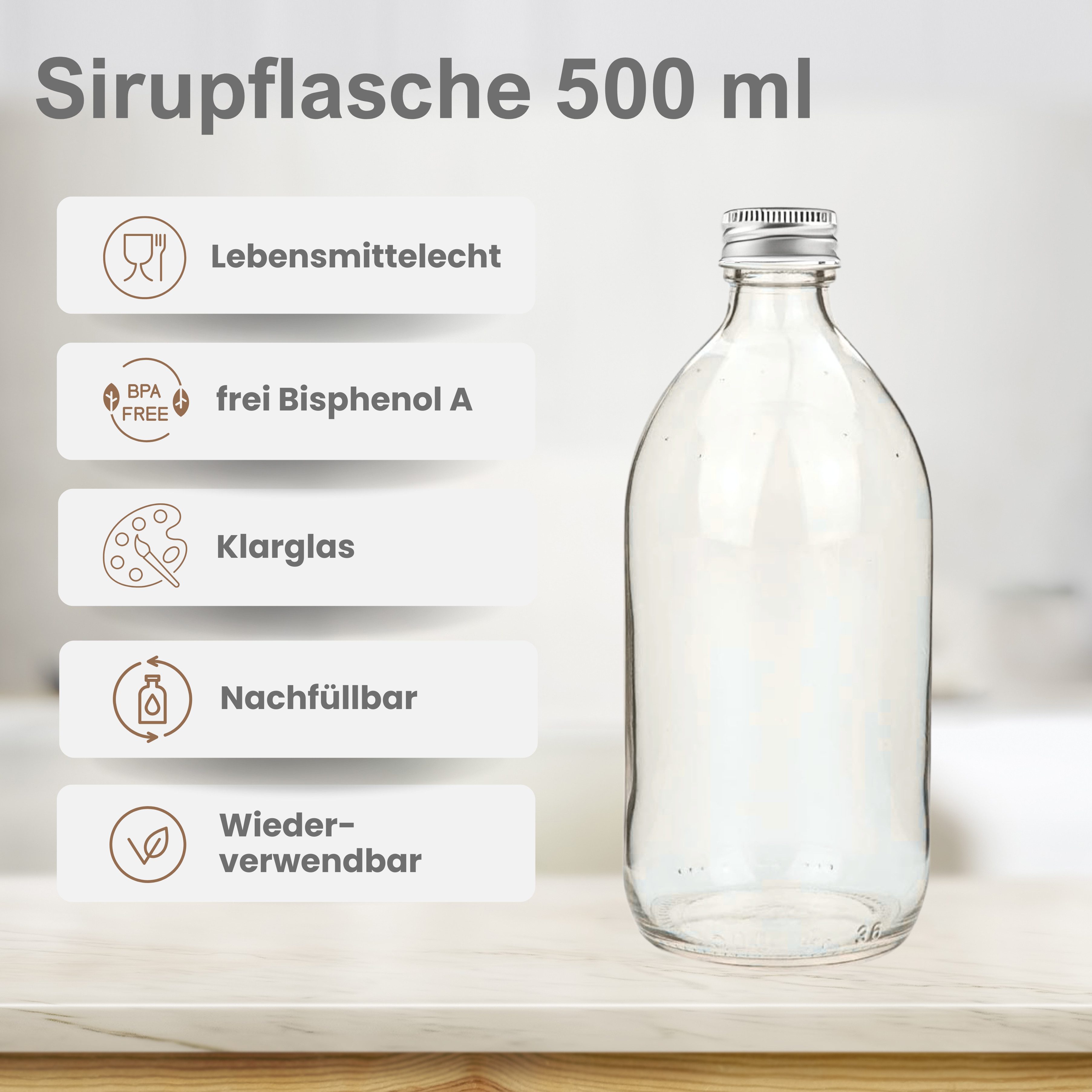 mikken Trinkflasche Sirupflasche 500 ml leere Glasflasche zum Befüllen, als 4er, 6er oder 10er Set, made in Europe