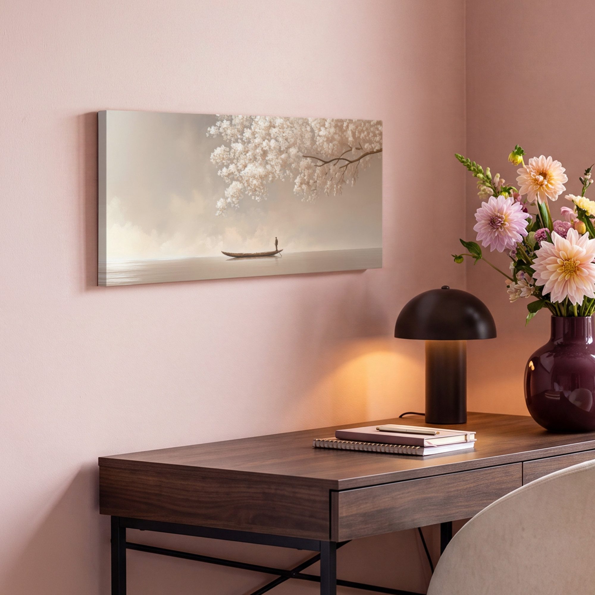 OneMillionCanvasses® Leinwandbild Panorama Blüten - Weiß - Boot - Minimalistisch, Fotodruck (1 St), Wandbild, Deko Schlafzimmer Wohnzimmer Flur 40x20 cm – Bild 4 von 5