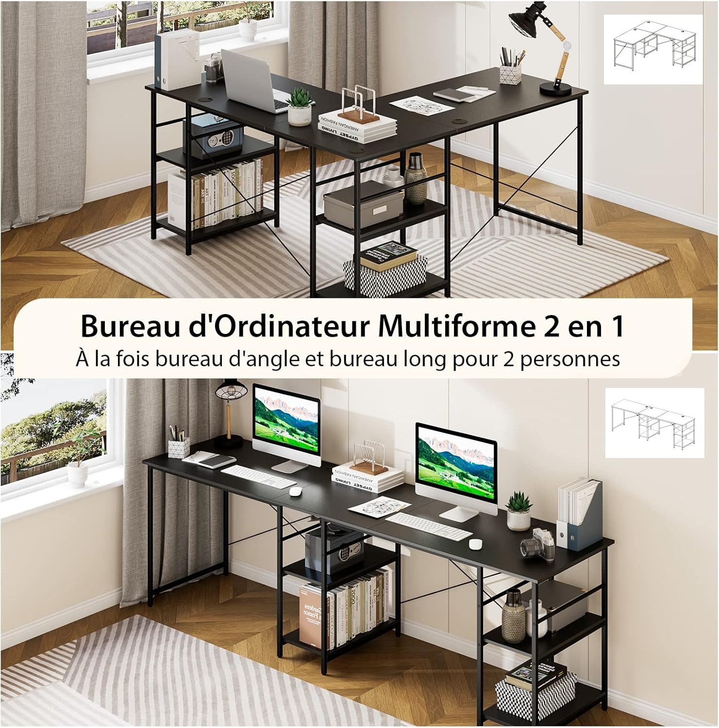 JEOBEST Computertisch L-förmiger Schreibtisch mit Regalen Reversibel Eckschreibtisch 210CM, Gaming-Tisch mit 4 Ablagen, 3 Kabellöchern, Monitorständer
