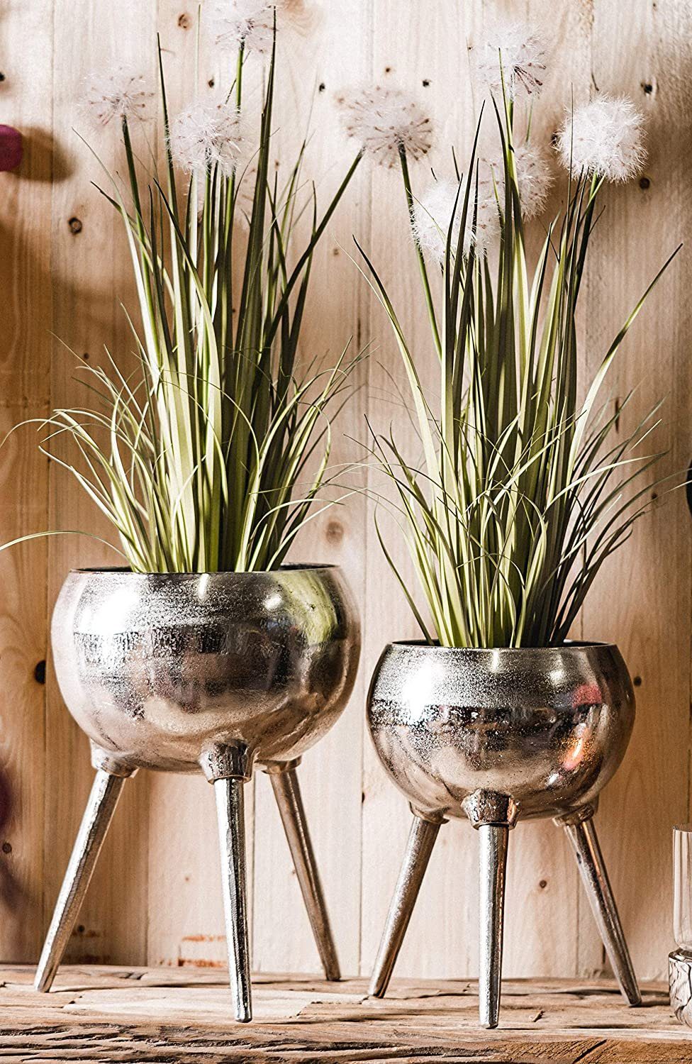 Dekovase Vase Blumenvase Gefäß Pokalvase Dekovase Pflanztopf Aluminium Silber, Deko Modern aus Metall, Wohnzimmer und Küche, Tripod Dreibein - 32 cm oder 38 cm