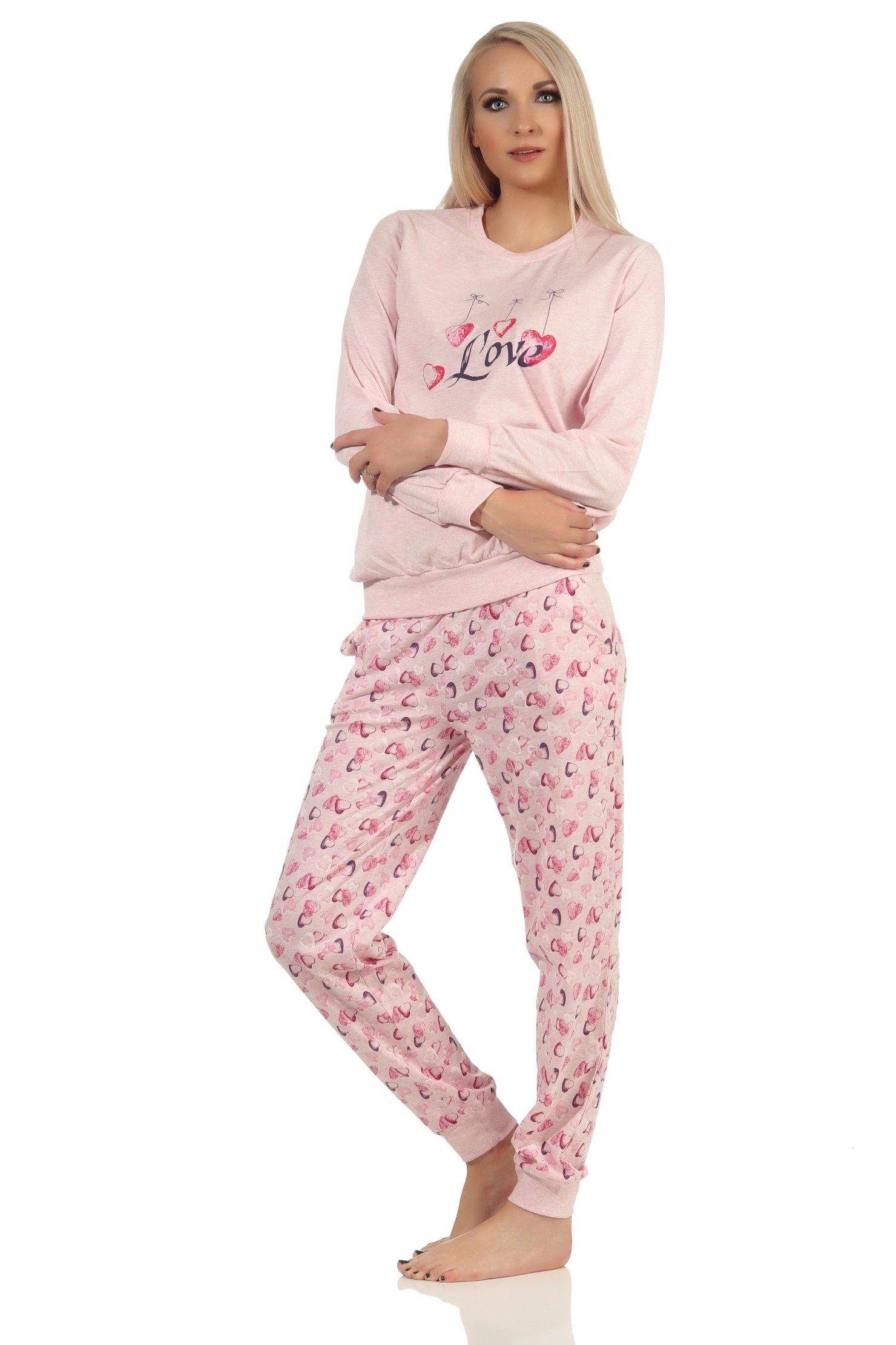 Normann Pyjama Damen Schlafanzug mit Bündchen im Herz Allover Look in Melange-Optik rosa