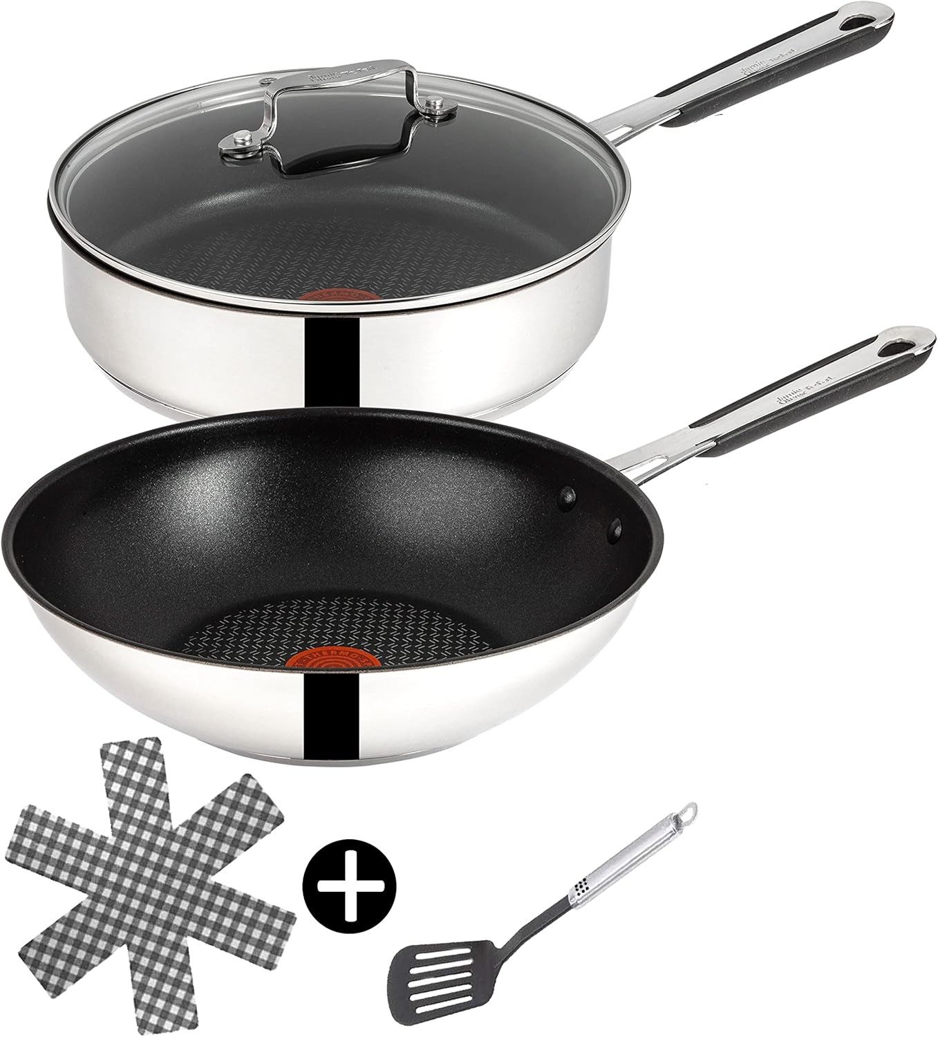 Tefal Pfannen-Set Jamie Oliver E76 Schmorpfanne mit Deckel 25cm + Wok pfanne 28cm Set8, Edelstahl 18/10 (Pfanne, Bratpfannen Set, Pfannenset, Wok, Wokpfanne, Schmorpfanne, Pfannen Inkl. 1 Wender & Filzschoner), Antihaftbeschichtet