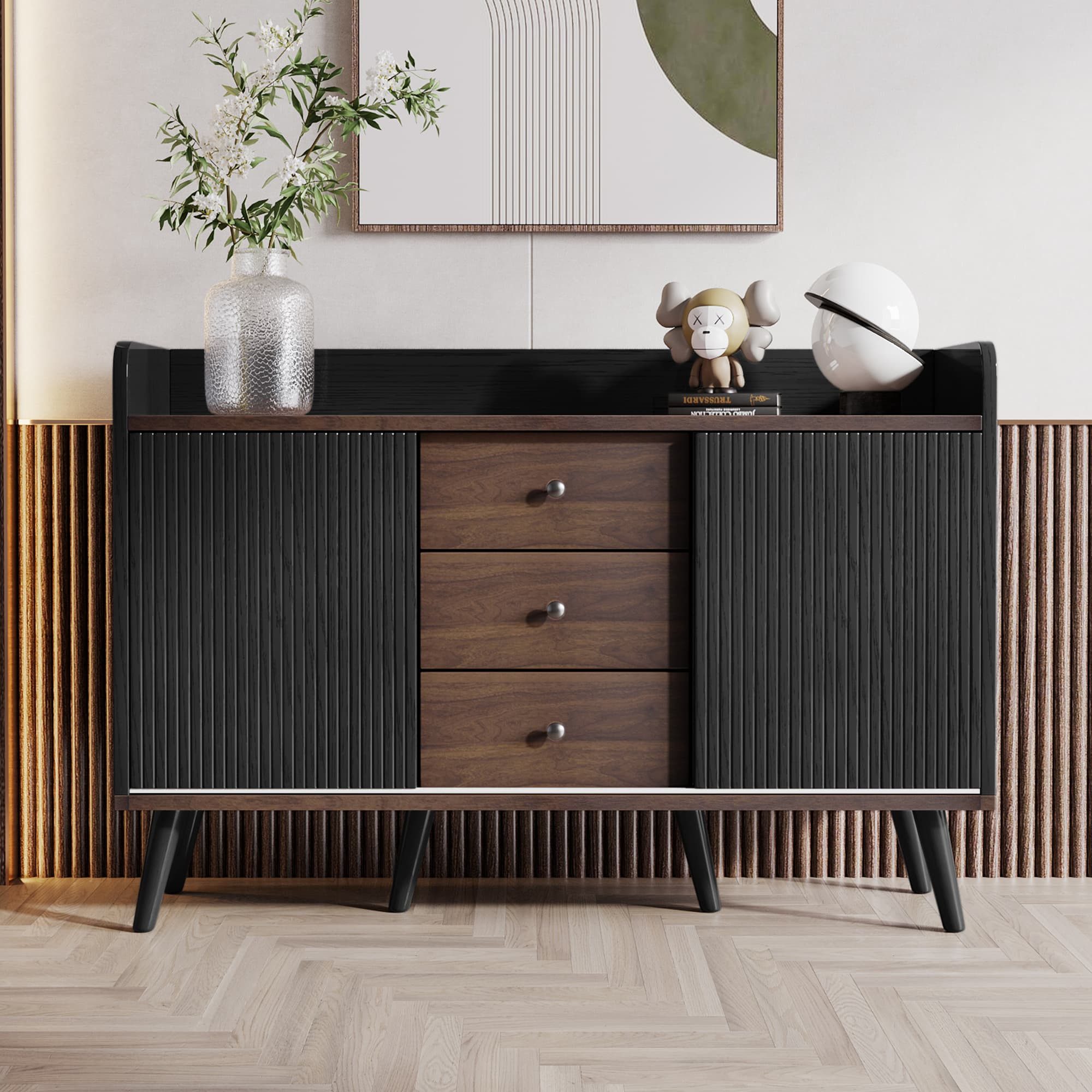 autolock Sideboard Kommode mit 3 Schubladen 2 Schiebetüren, Anrichte für Wohnzimmer Schlafzimmer, 117.5×40×80 cm