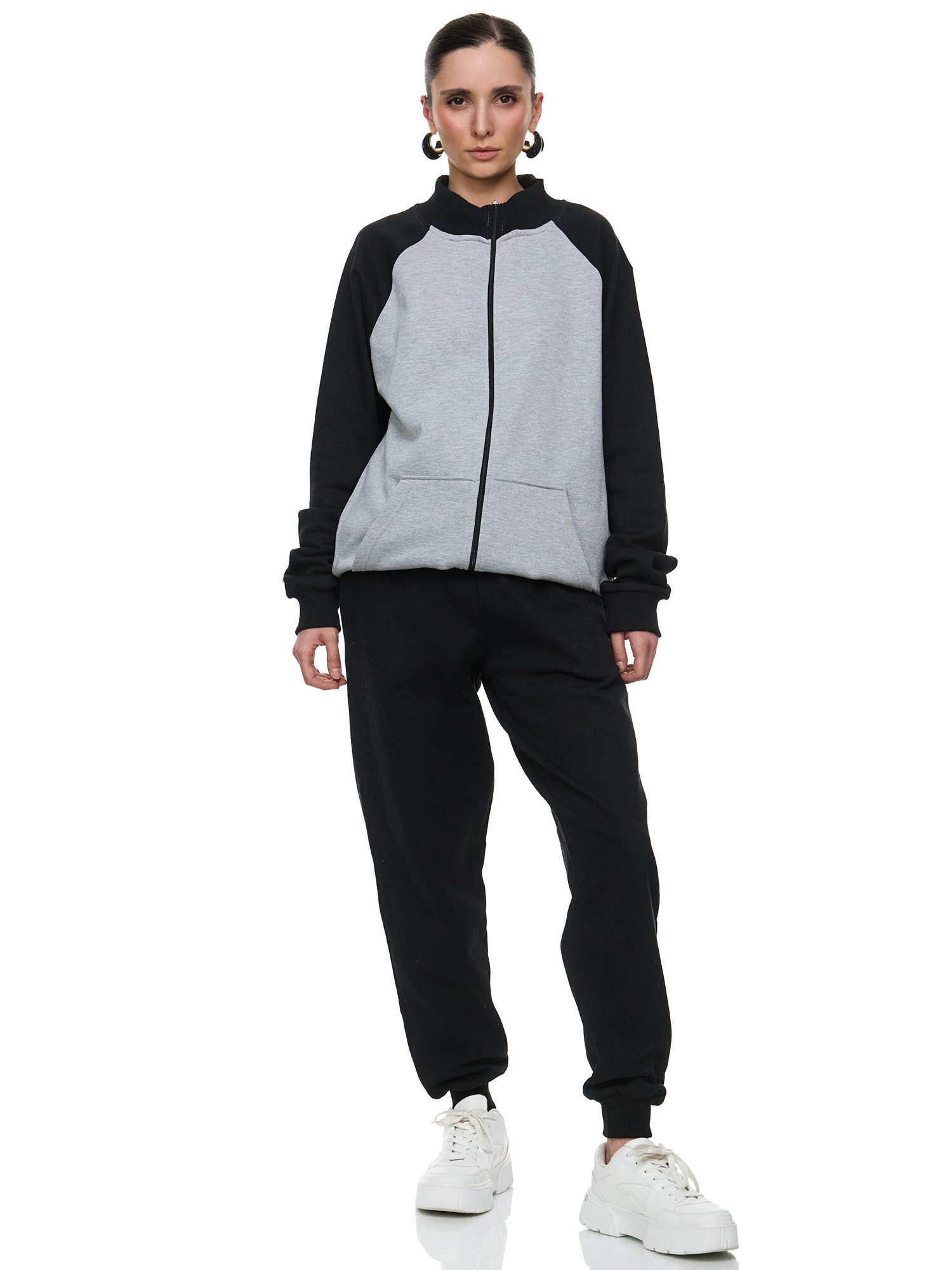 L.gonline Freizeitanzug Damen Trainingsanzug Freizeitanzug ohne Kapuze 500A Grau, L (Sweatjacke ohne Kapuze mit Hose, 2-tlg), Fitness Freizeit Casual