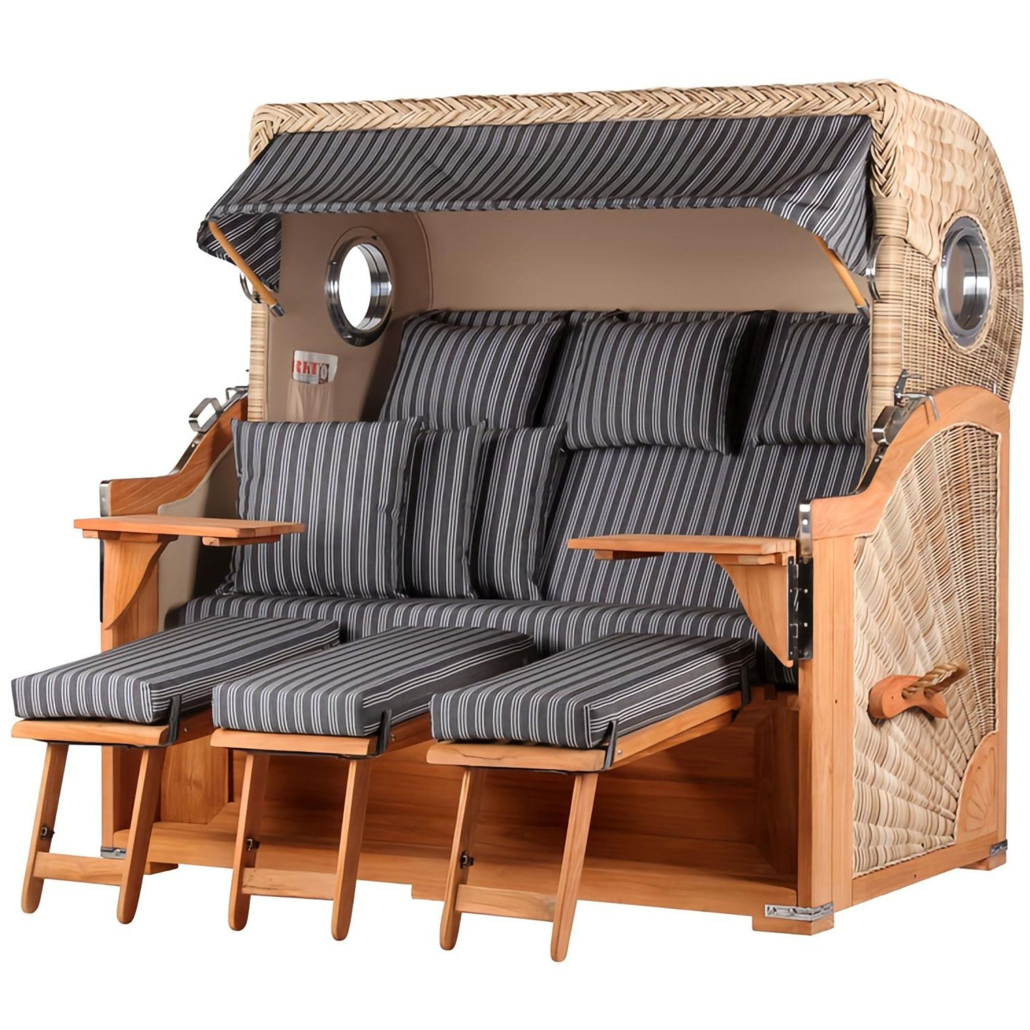 bene living Strandkorb Königssee 3-Sitzer Teak - PE shell - Modell 500, BxTxH: 170x95x170 cm, Volllieger, Königssee 3-Sitzer Teak, (Strandkorb-Komplettset, 5-tlg., Strandkorb inkl. Liftersystem und umfangreichem Zubehör), mit Windschutzfolie, Bistrotischen und bequemer Polsterung