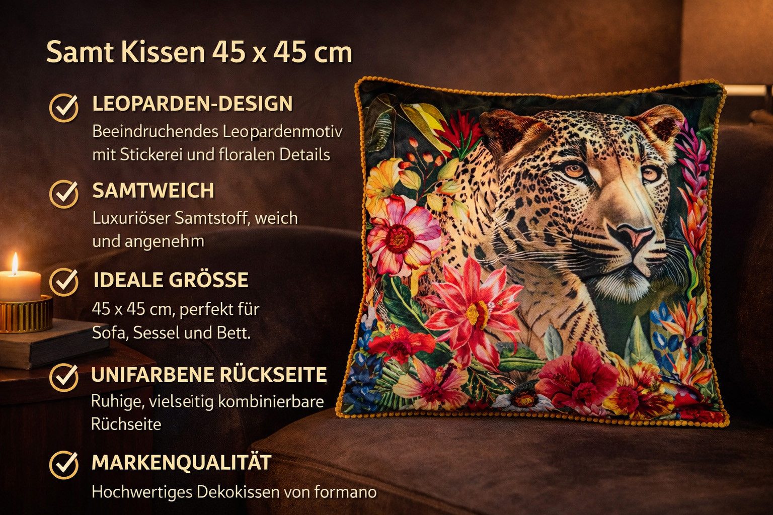 formano Dekokissen Samt Kissen Leopard 45cm Dekokissen gefüllt mit edlem Großkatzen-Motiv