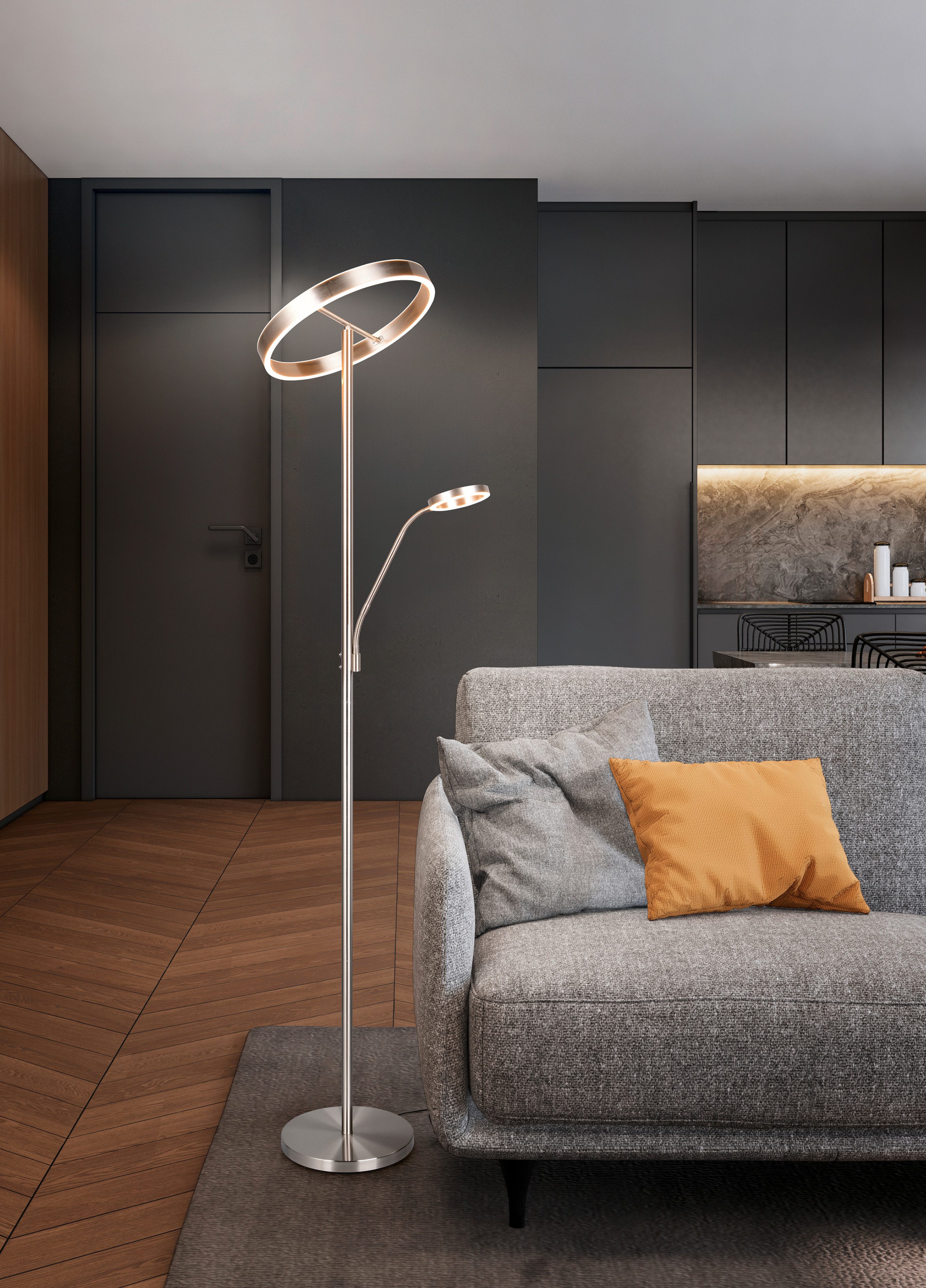 TRIO Leuchten LED Stehlampe WILLIS, Stehleuchte mit Lesearm, Touch Dimmer, CCT 2700-3200-4000K, Dimmfunktion, Lesearm, getrennt schaltbar, LED fest integriert, Farbwechsler, Höhe 180cm, Fluterkopf und Lesearm schwenkbar, Fluter mit Leselicht
