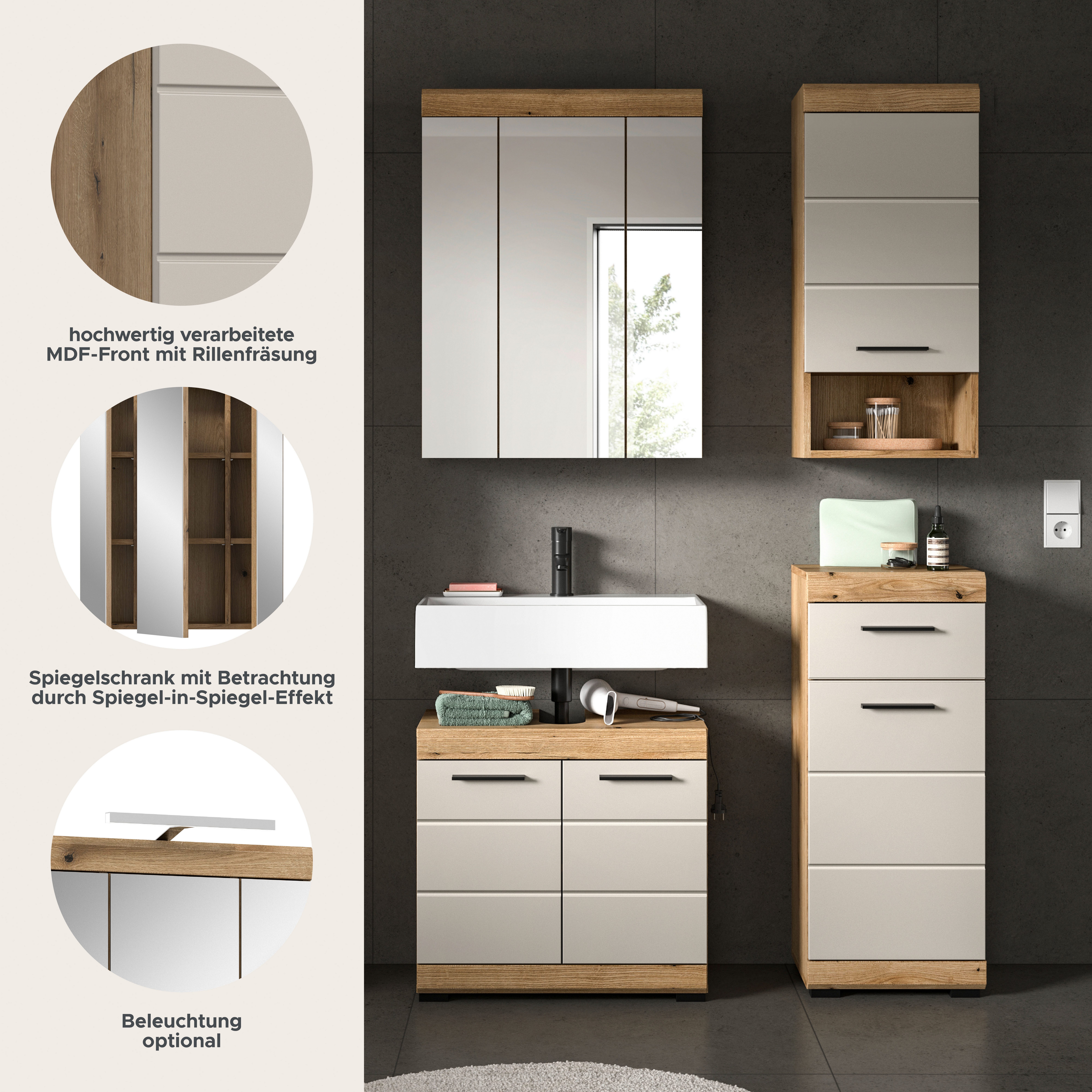 welltime Badmöbel-Set SIENA, 4 teilig, bestehend aus:, (Set, 4-St., TOPSELLER), Waschbeckenunterschrank, Spiegelschrank, Unterschrank, Hängeschrank