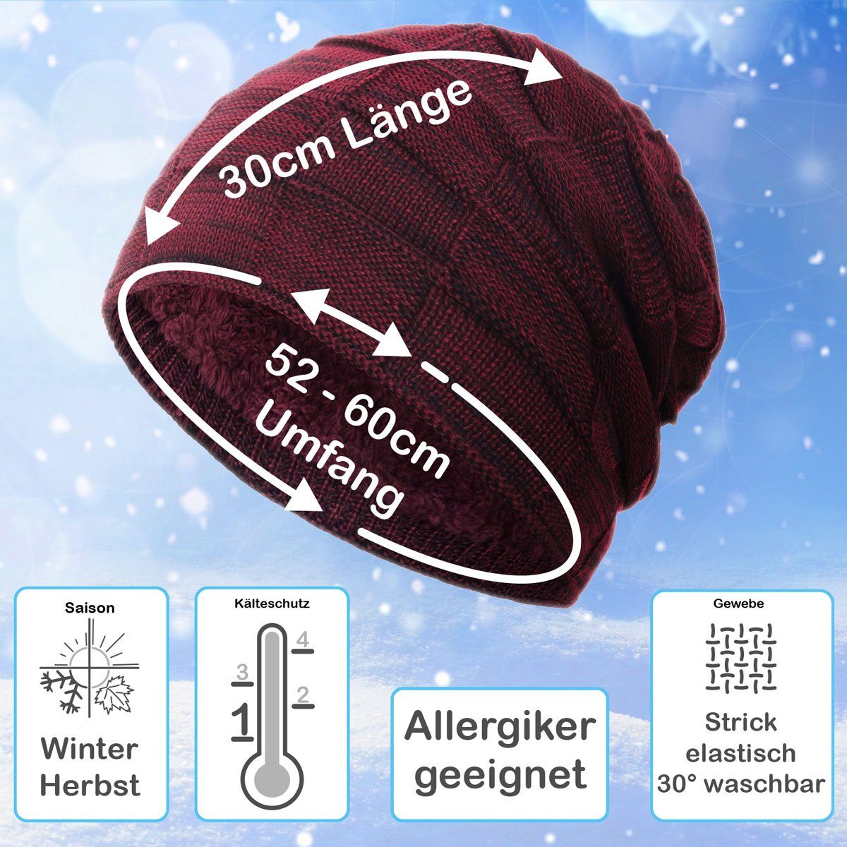 compagno Strickmütze (1-St) Gefütterte Damen Beanie Wintermütze Winter Haube weinrot Herbst Mütze meliert Herren