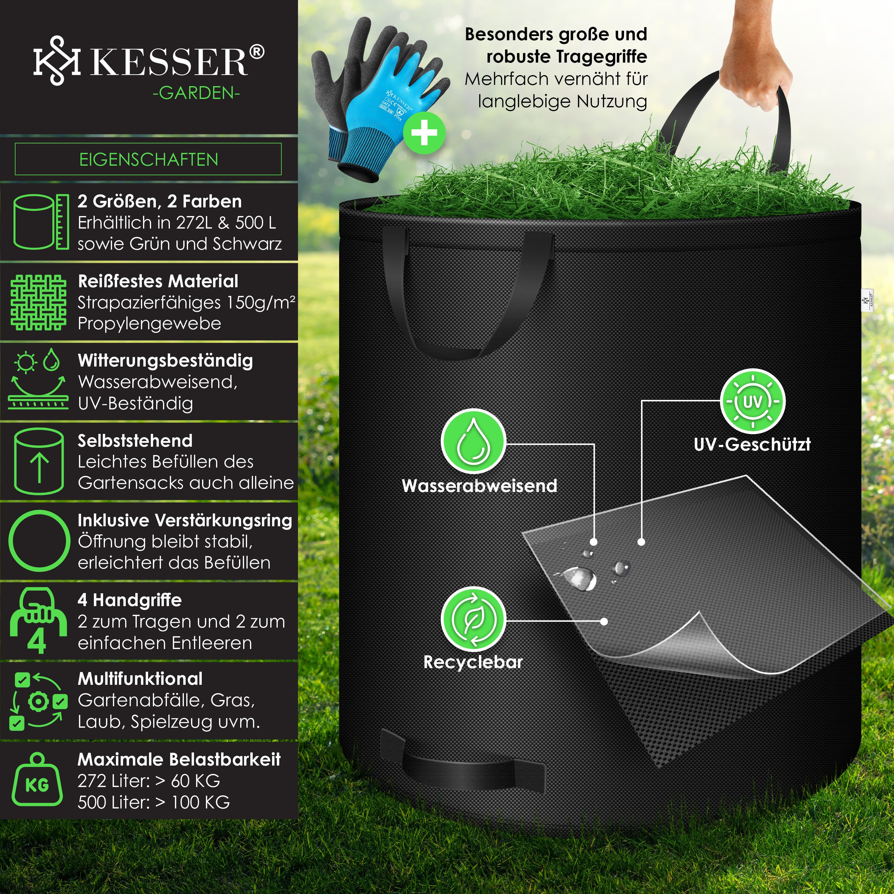 KESSER Gartensack, 272 l, (3-tlg), Gartensack Set Laubsack Gartenabfallsack inkl. Handschuhe