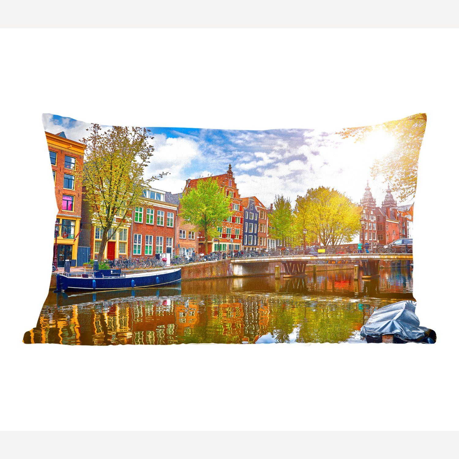 MuchoWow Dekokissen Kanal - Amsterdam - Frühling, Wohzimmer Dekoration, Zierkissen, Dekokissen mit Füllung, Schlafzimmer