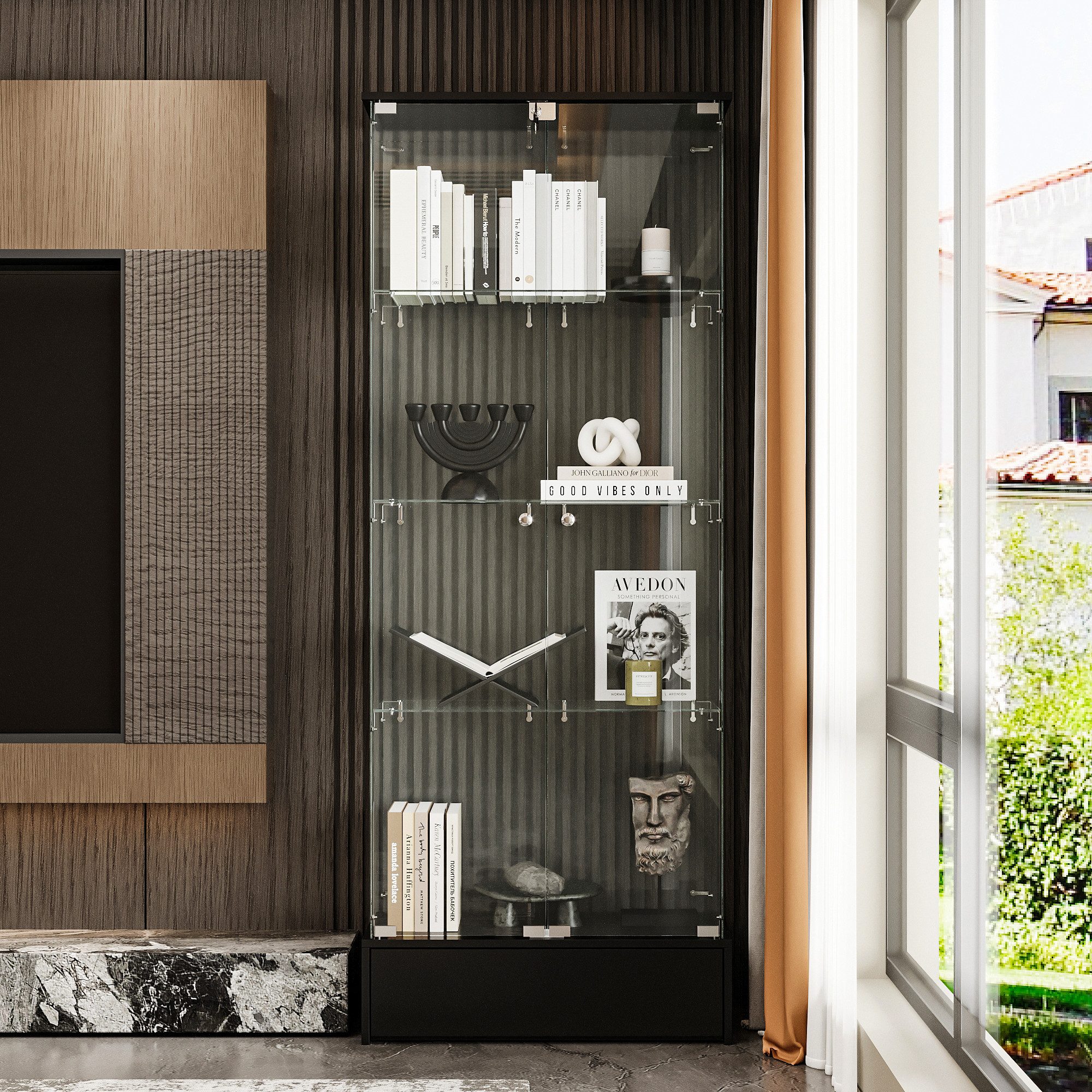 HOMSEE Glasvitrine mit zwei Glastüren und Schublade, 70 x 35 x 180 cm, schwarz (1-St) Stabiler Vitrinenschrank aus MDF mit Sicherheitsglas