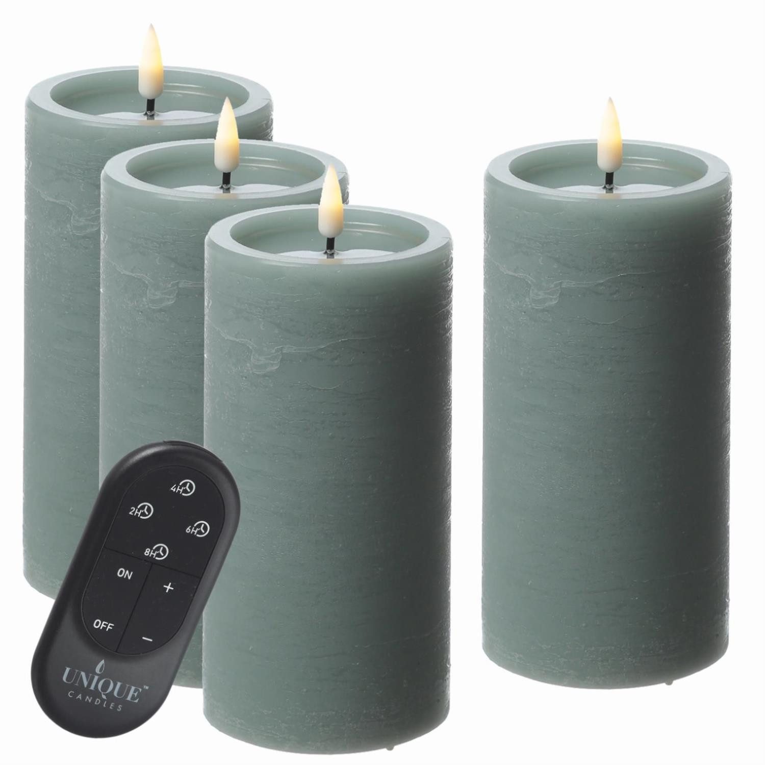 UNIQUE candles LED-Kerze LED Kerzenset UNIQUE Rustik-Optik H: 15cm mit Batterien Fernb. 4er Set, LED Classic, warmweiß (2100K bis 3000K)