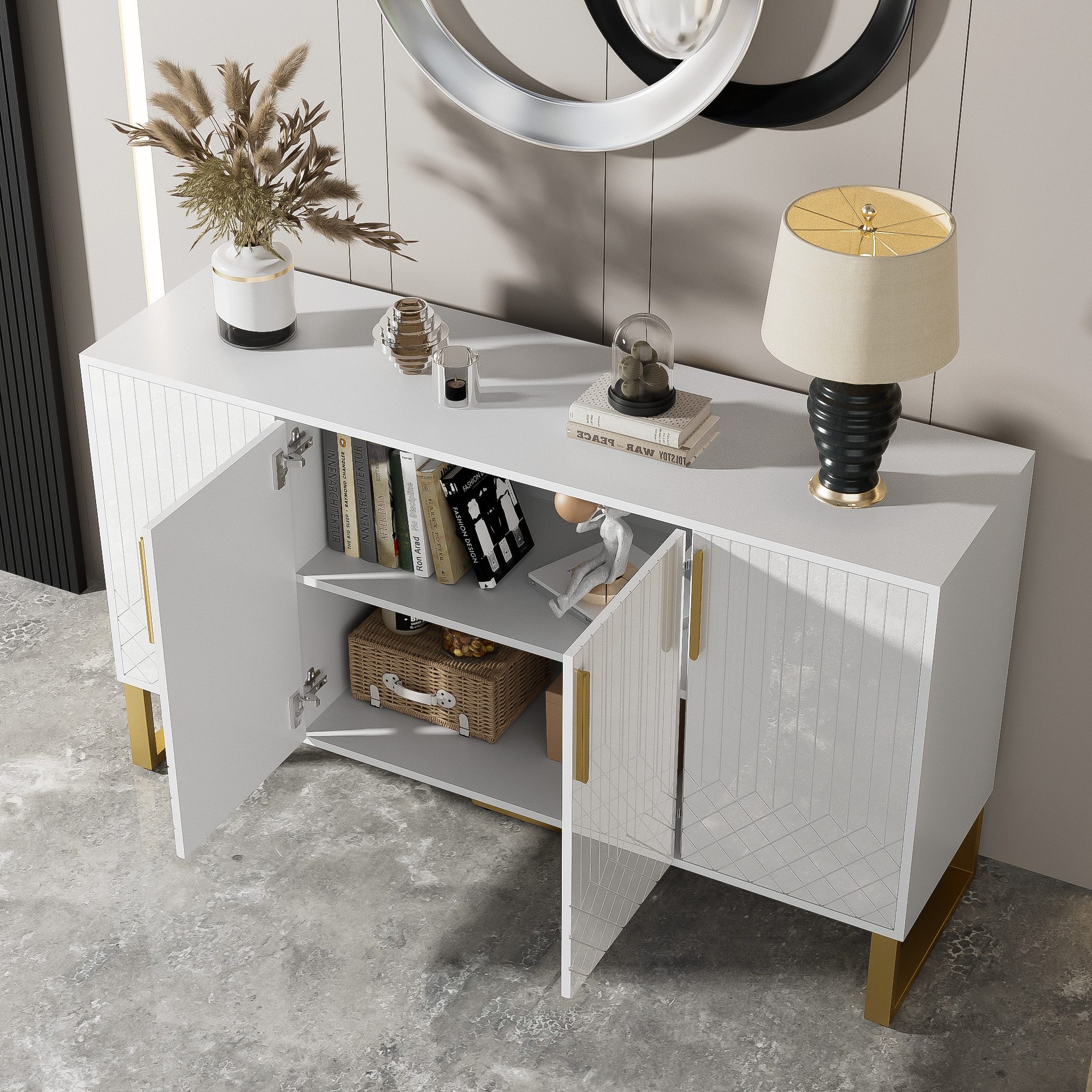 Merax Sideboard Hochglanz Kommode mit 4 Türen, Anrichte mit Metallgriffe und -beine, Buffet mit Push-to-Open Funktion