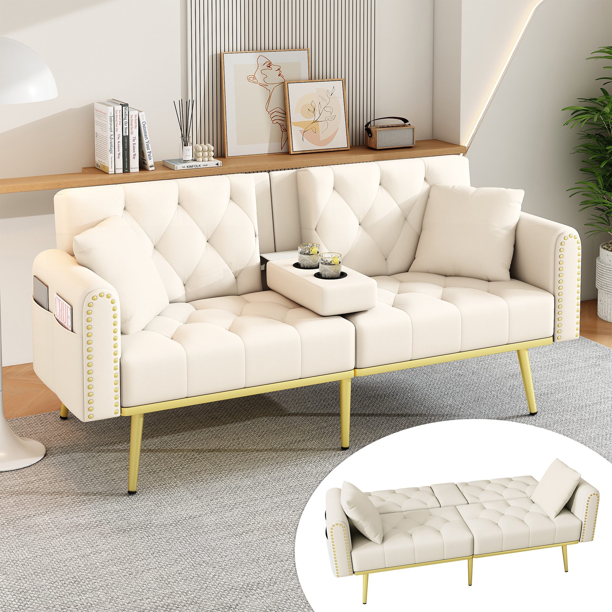 Flieks Sofa klappbar Schlafsofa mit Liegefunktion und Getränkehalter, 3 verstellbaren Neigungswinkeln, Länge 175cm 1 Teile, 2-3-Sitzer-Sofa mit Schlaffunktion und Zierkissen Samt Beige