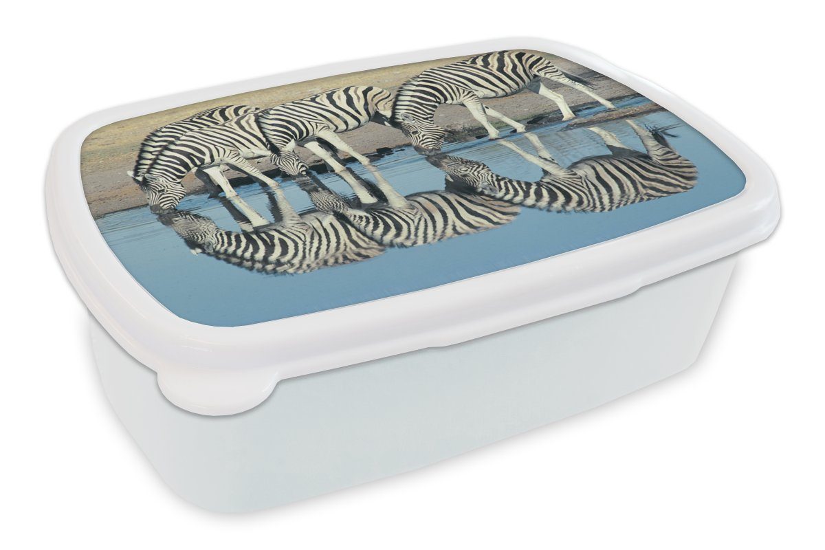 MuchoWow Lunchbox Zebra - Wasser - Spiegelung - Savanne, Kunststoff, (2-tlg), Brotbox für Kinder und Erwachsene, Brotdose, für Jungs und Mädchen weiß