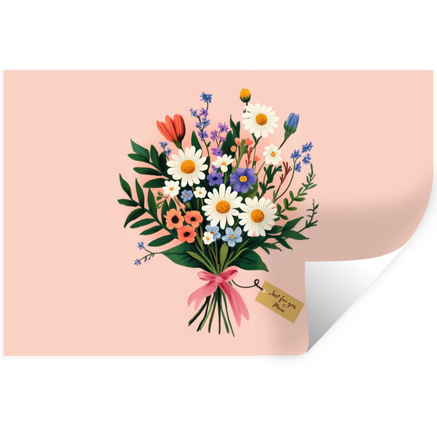 MuchoWow Wandsticker Gänseblümchen - Strauß - Schleife - Rosa (1 St), Wandtattoo, Selbstklebend, Wohnzimmer, 30x20 cm