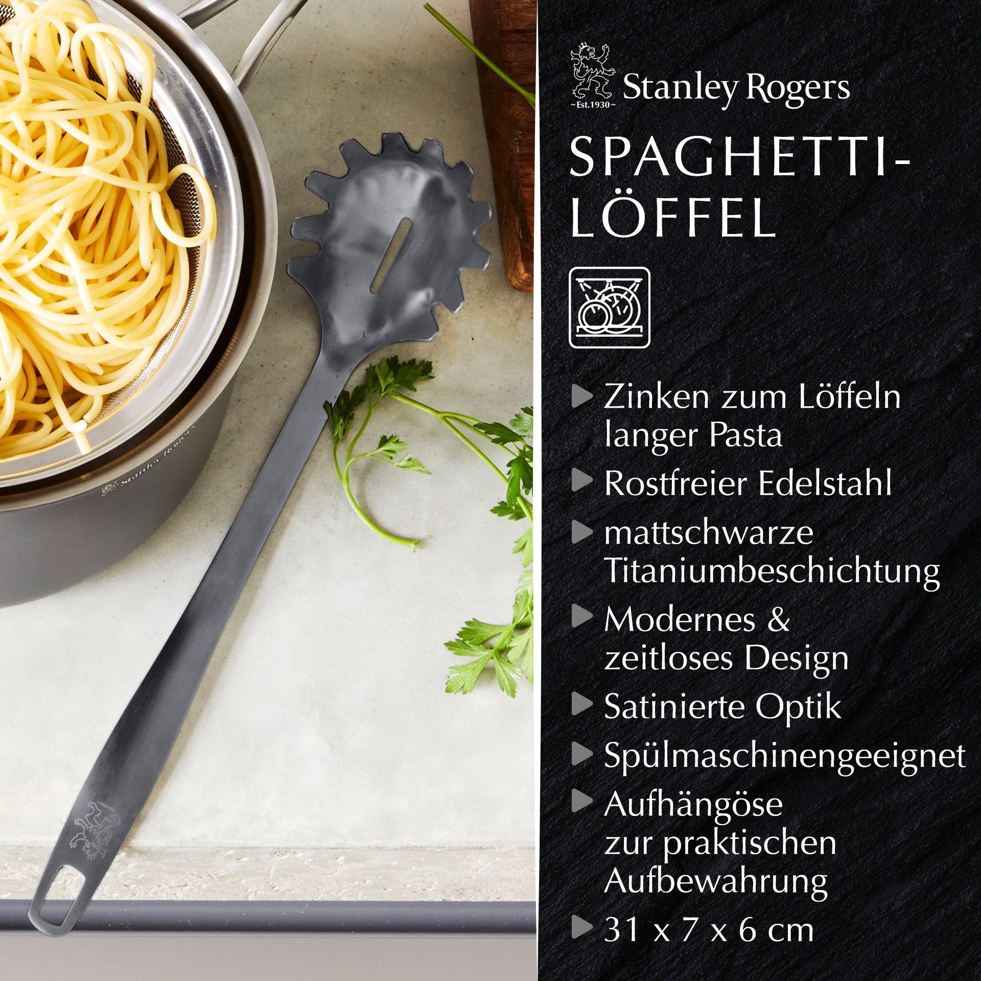 Stanley Rogers Spaghettibesteck Spaghettilöffel, Nudellöffel, Pastaheber, Servierlöffel, Küchenhelfer
