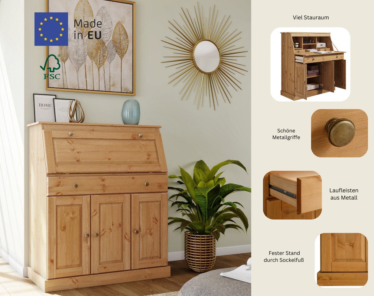 OTTO home Sekretär Rossi, aus massiver Kiefer, variabel verstellbare Einlegeböden, Breite 97 cm