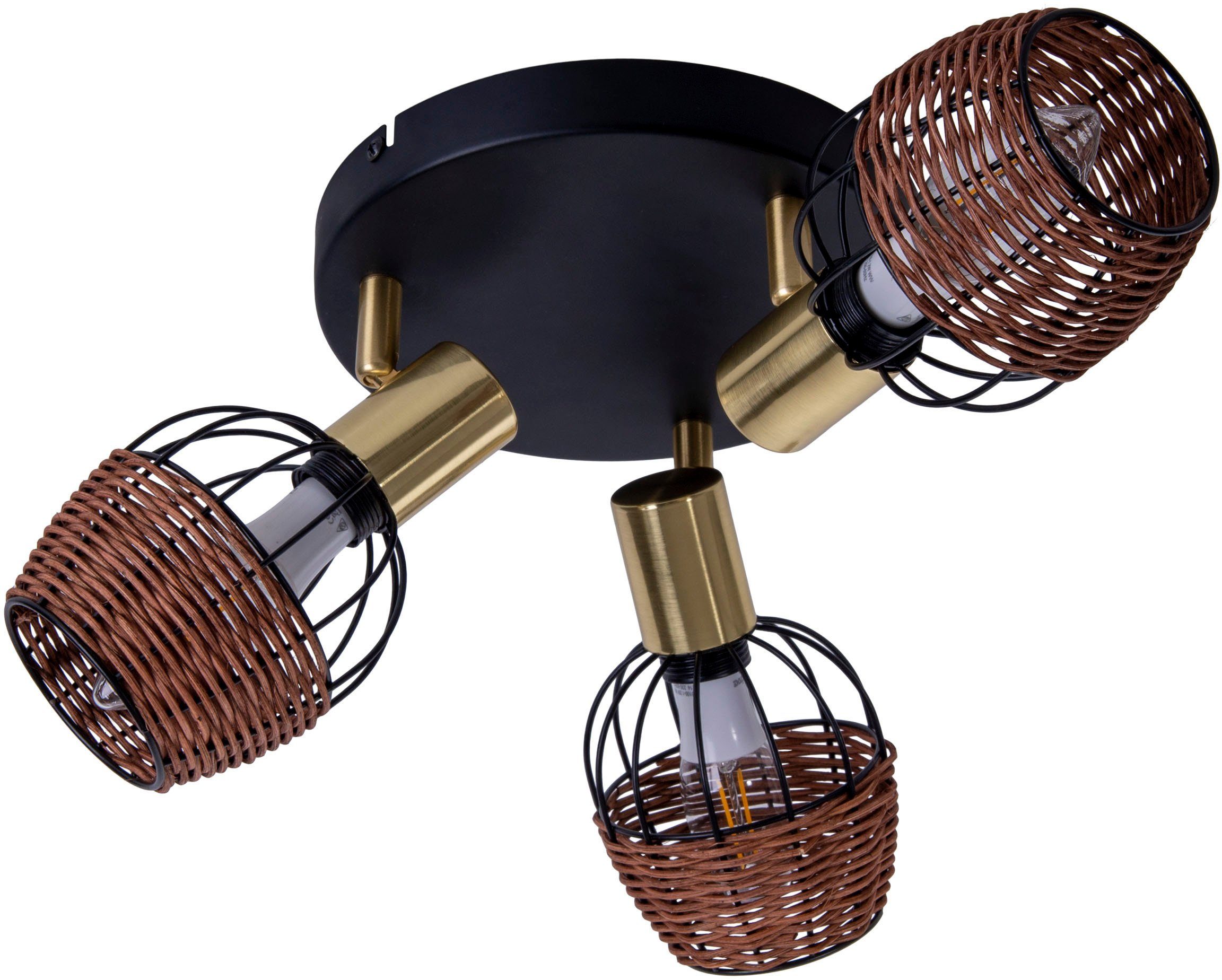näve Deckenspots Corbis, ohne Leuchtmittel, 3 Spots excl. E14 max. 40W schwarz/natur/gold D: 38cm mit Rattan