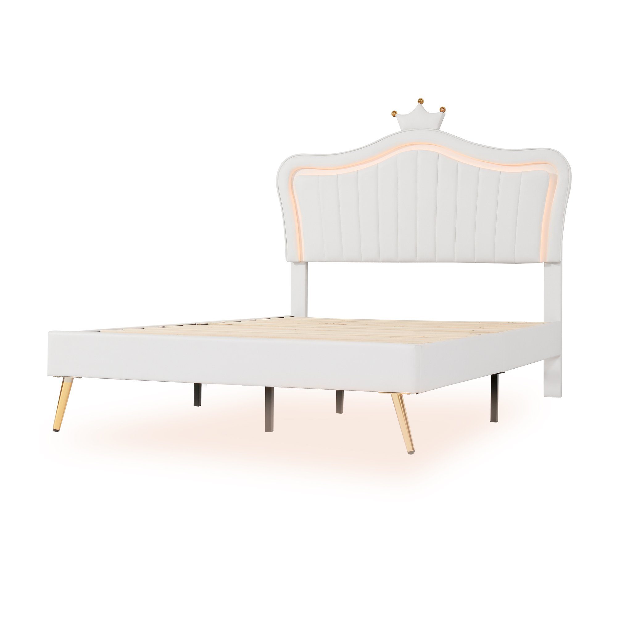 Polsterbett (Doppelbett mit LED Beleuchtung und Lattenrost), Krone Kinderbett für Mädchen, Kunstleder, 140x200cm