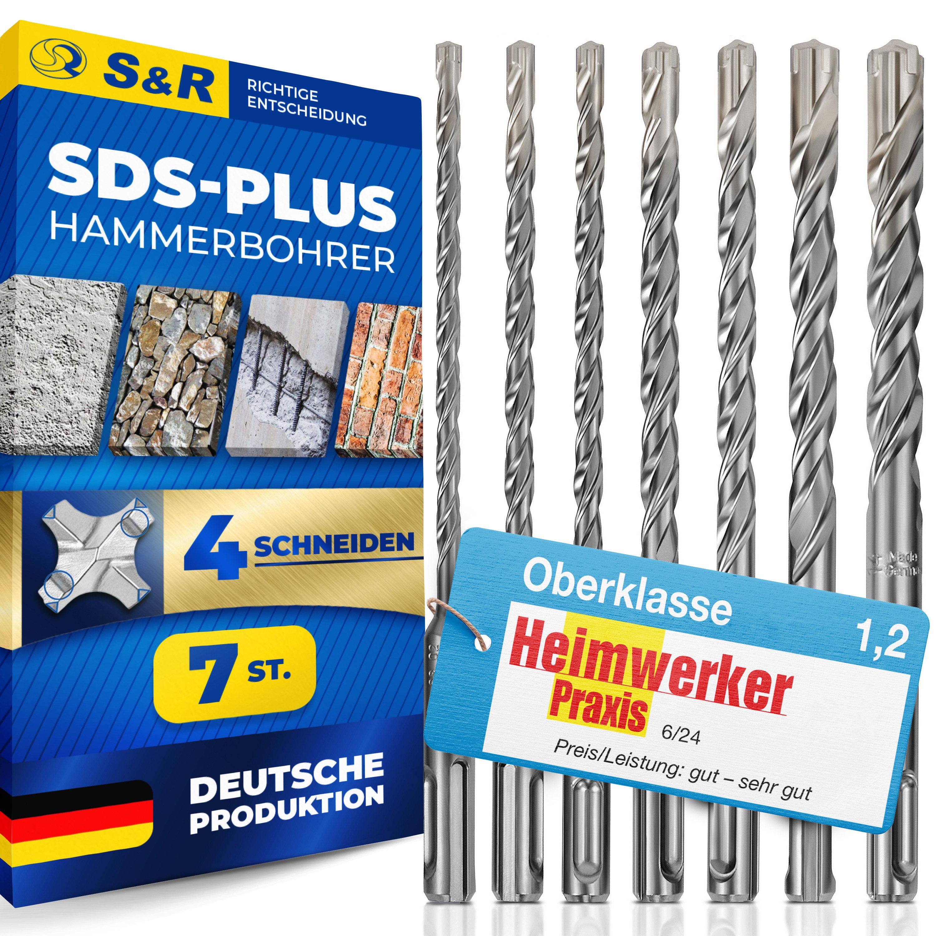 S&R Hammerbohrer Industriequalität Made in Germany, PGM zertifiziert SDS 4 plus, (Set, 7-tlg: 1x5, 2x6, 2x8, 1x10, 1x12mm; Länge 160/100mm), Hartmetall 4-Schneiden, Premium Betonbohrer auch für armierten Beton