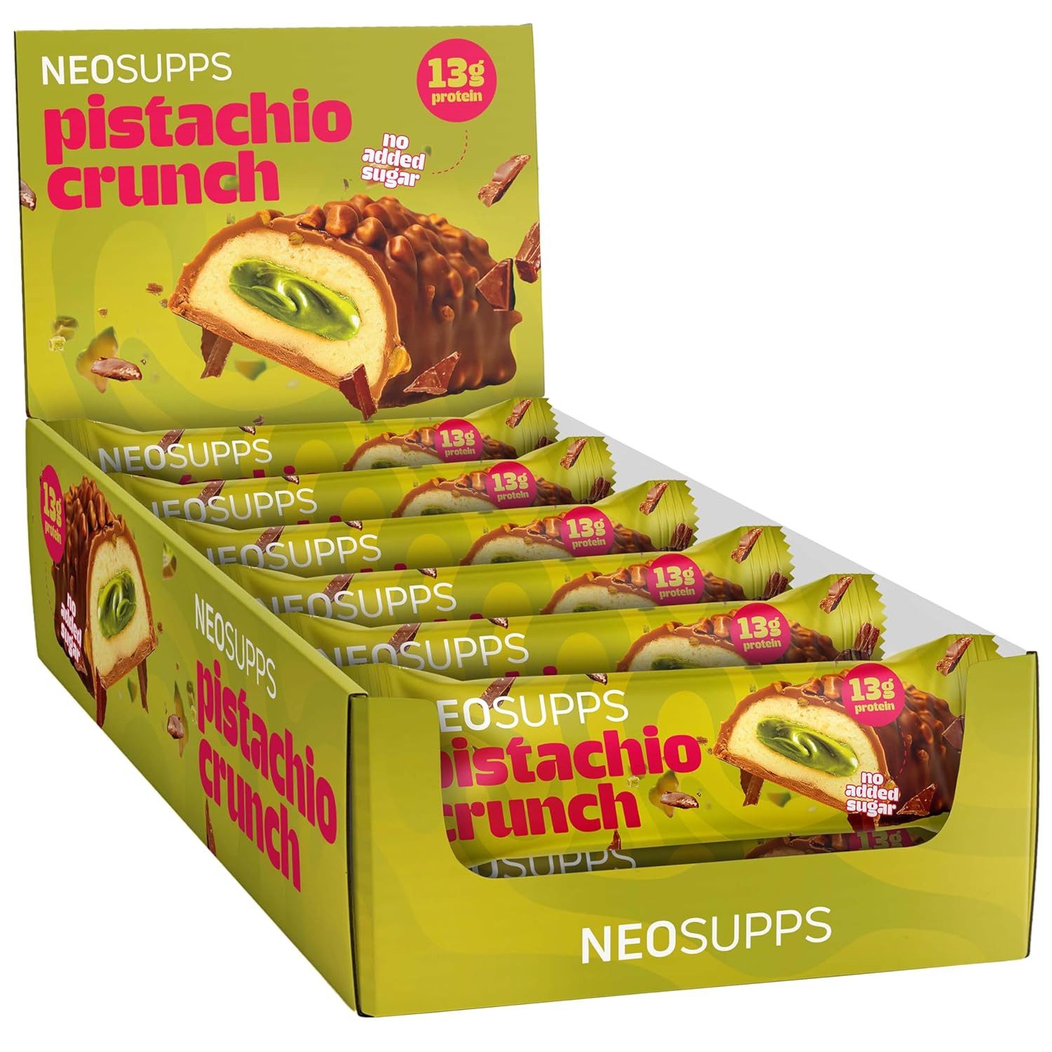 Neosupps Protein Bar Pistachio Crunch, Proteinriegel 12Stk, Pistazienstücke Riegel, High Protein Snack mit 13g Eiweiß, für Muskelaufbau, geprüfte Qualität