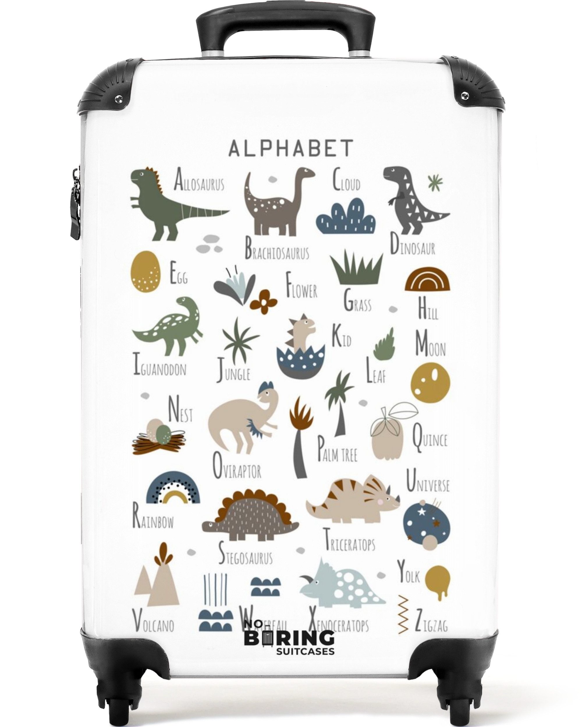 NoBoringSuitcases.com© Kinderkoffer Alphabet - Dino - Jungen - Pädagogisch 55x35x20cm, 4 Rollen, Kinder Koffer Klein, Trolley Handgepäck