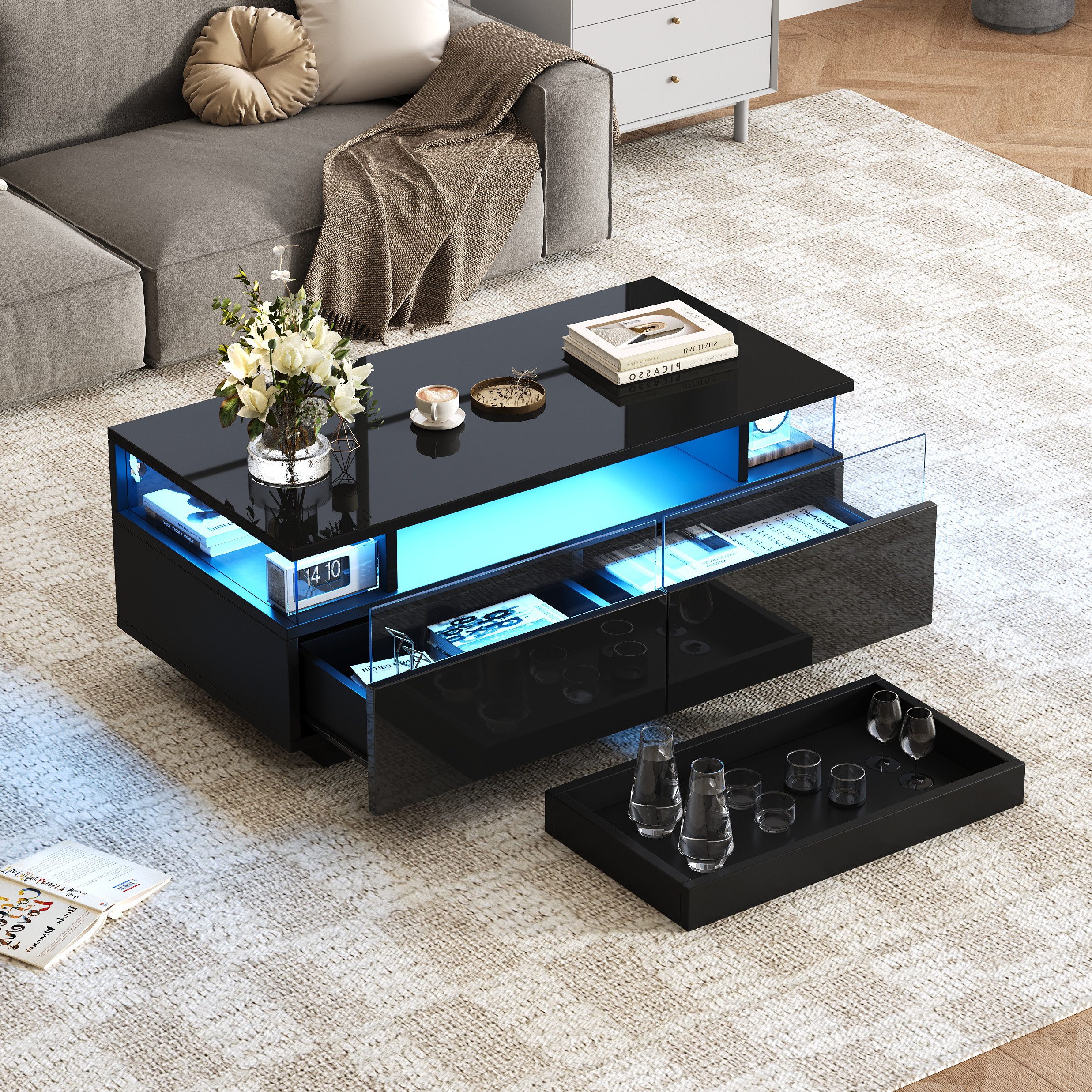 Merax Couchtisch hochglanz Sofatisch Beistelltisch mit LED-Beleuchtung (90x günstig online kaufen
