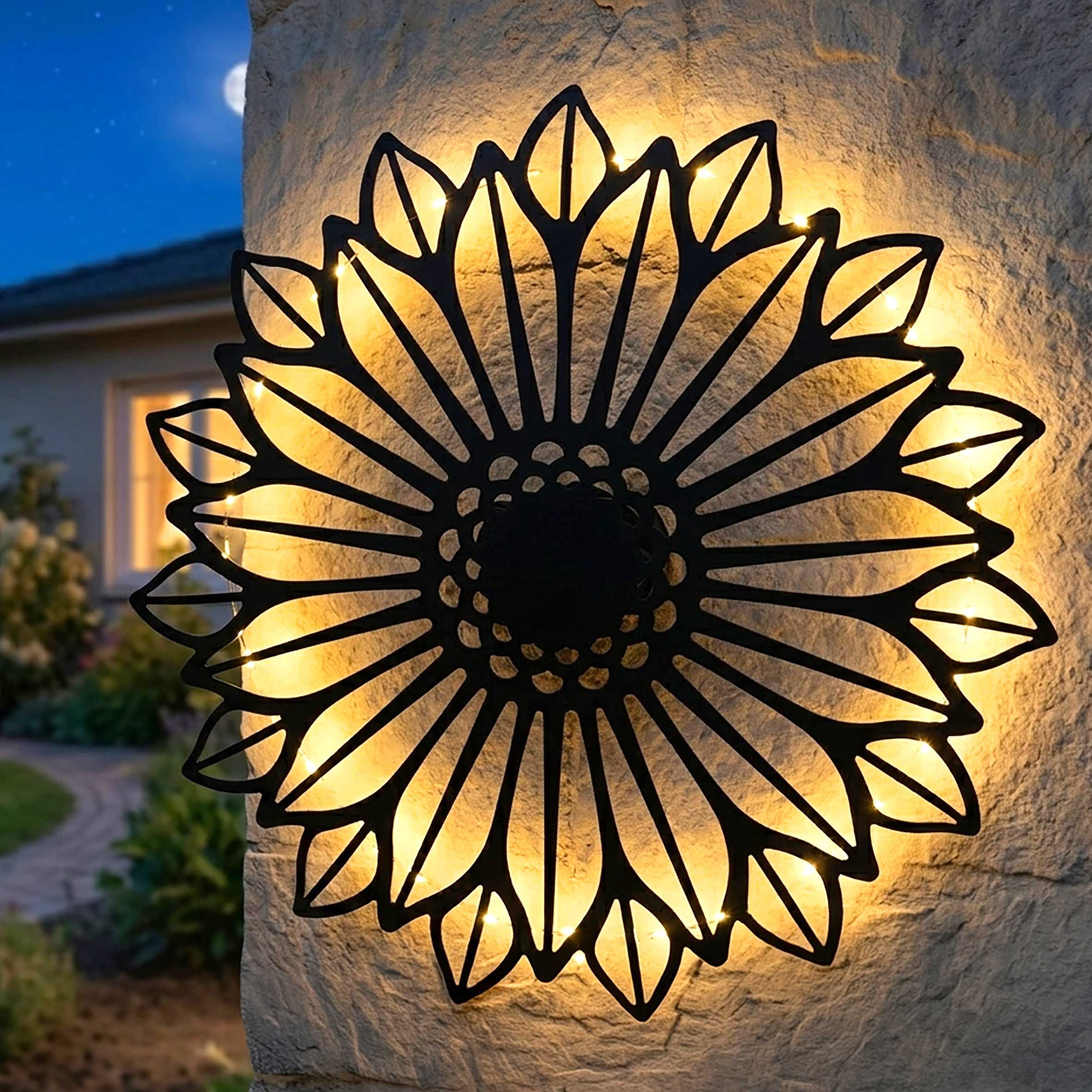 Spetebo LED Dekolicht Solar Wandbild Sonne in schwarz, Dämmerungssensor, LED fest integriert, warm weiß, Metall Wanddeko für Außen Solar betrieben