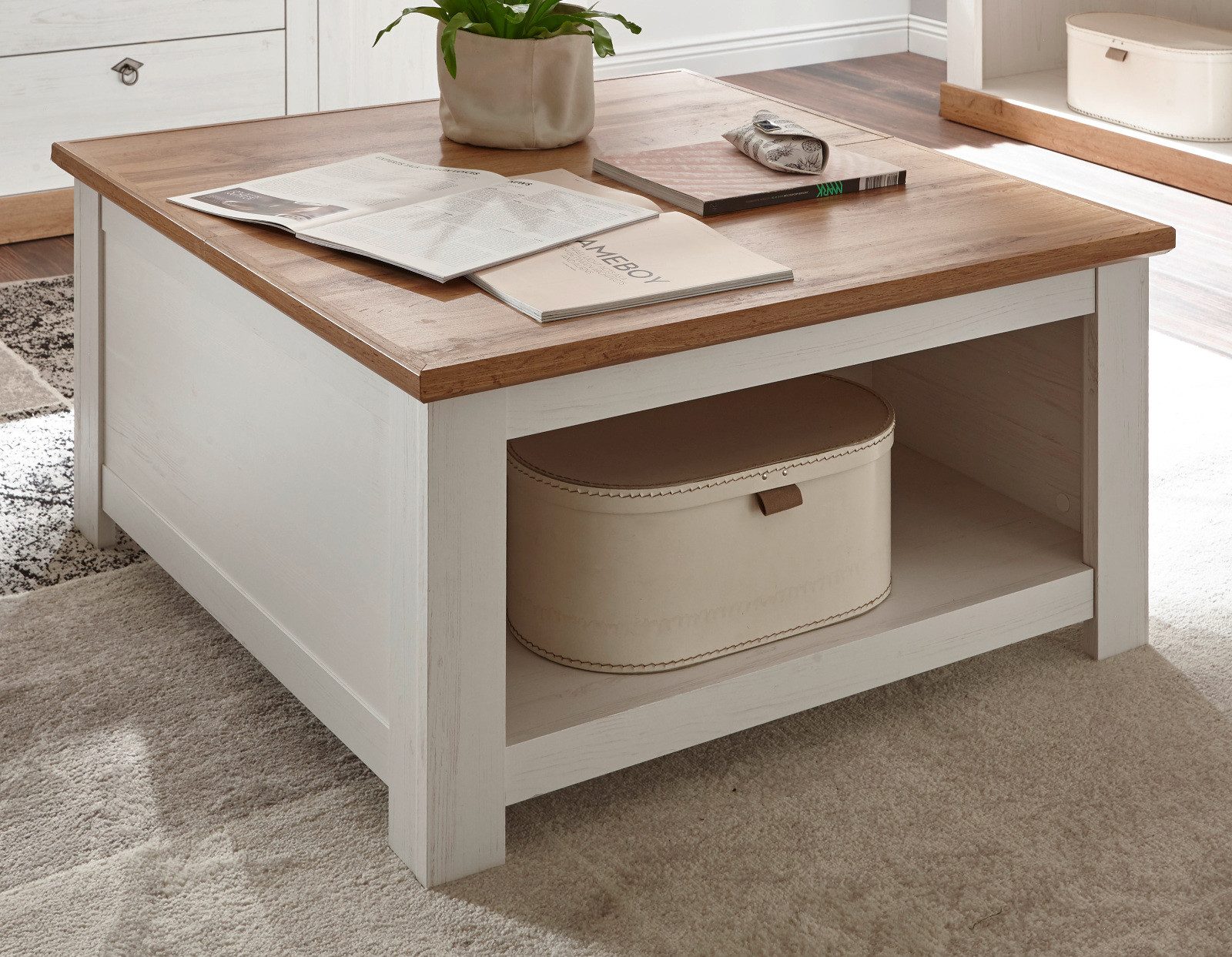 Furn.Design Couchtisch Hemsby (in Pinie weiß mit Wotan Eiche, quadratisch, 95 x 95 cm), mit Truhenfach, Landhausstil – Bild 4 von 5
