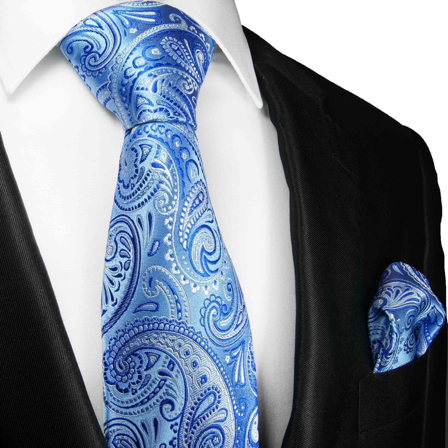 Paul Malone Krawatte Herren Seidenkrawatte mit Tuch modern paisley 100% Seide (Set, 2-St., Krawatte mit Einstecktuch) Breit (8cm), blau 2102