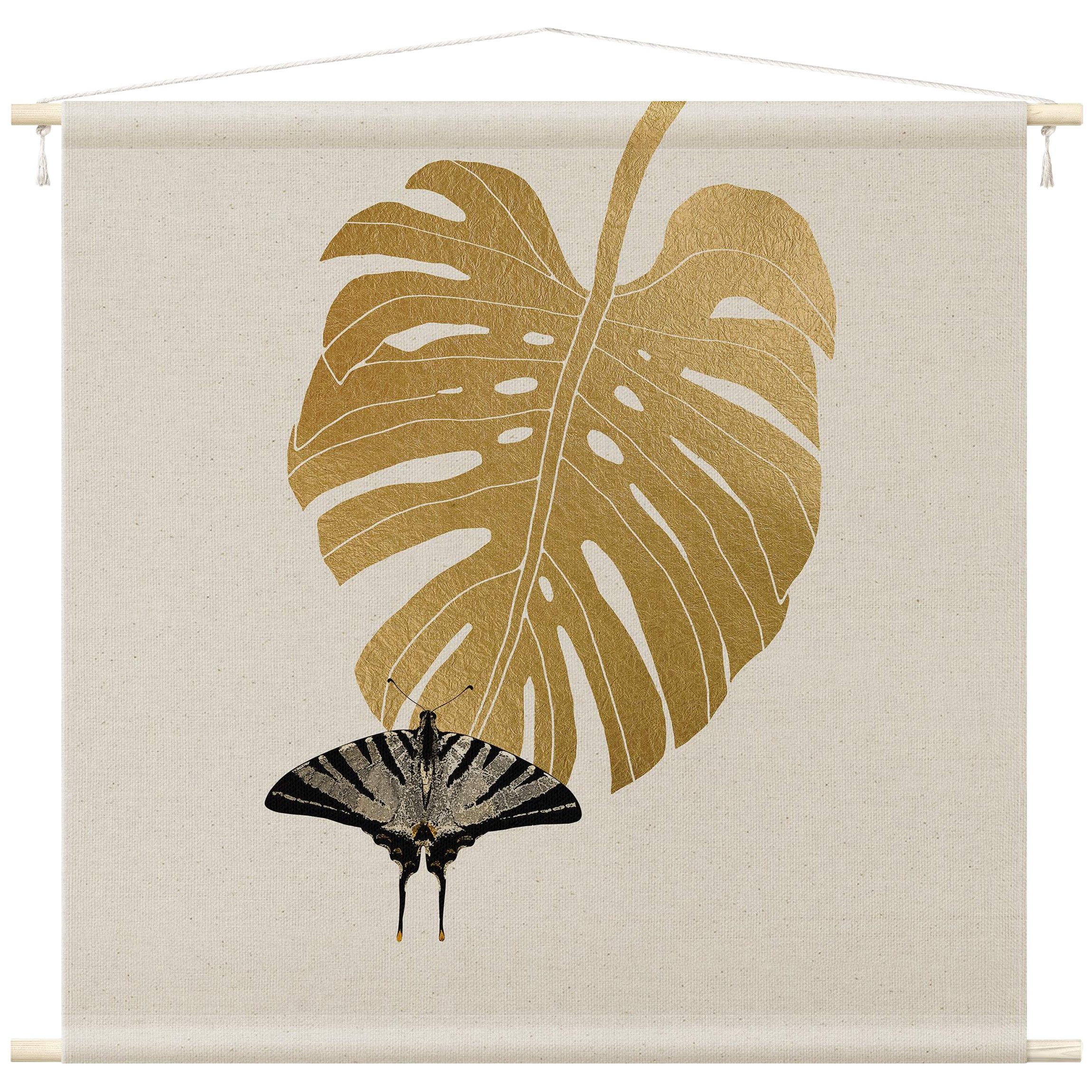 Bilderdepot24 Wandteppich modern Tropisch Tiere Schmetterlinge gold, quadratisch, Höhe: 2.6 mm, großes Wandbild aus Natur-Baumwolle Wandbehang Stoffbild Tuch Wollseil