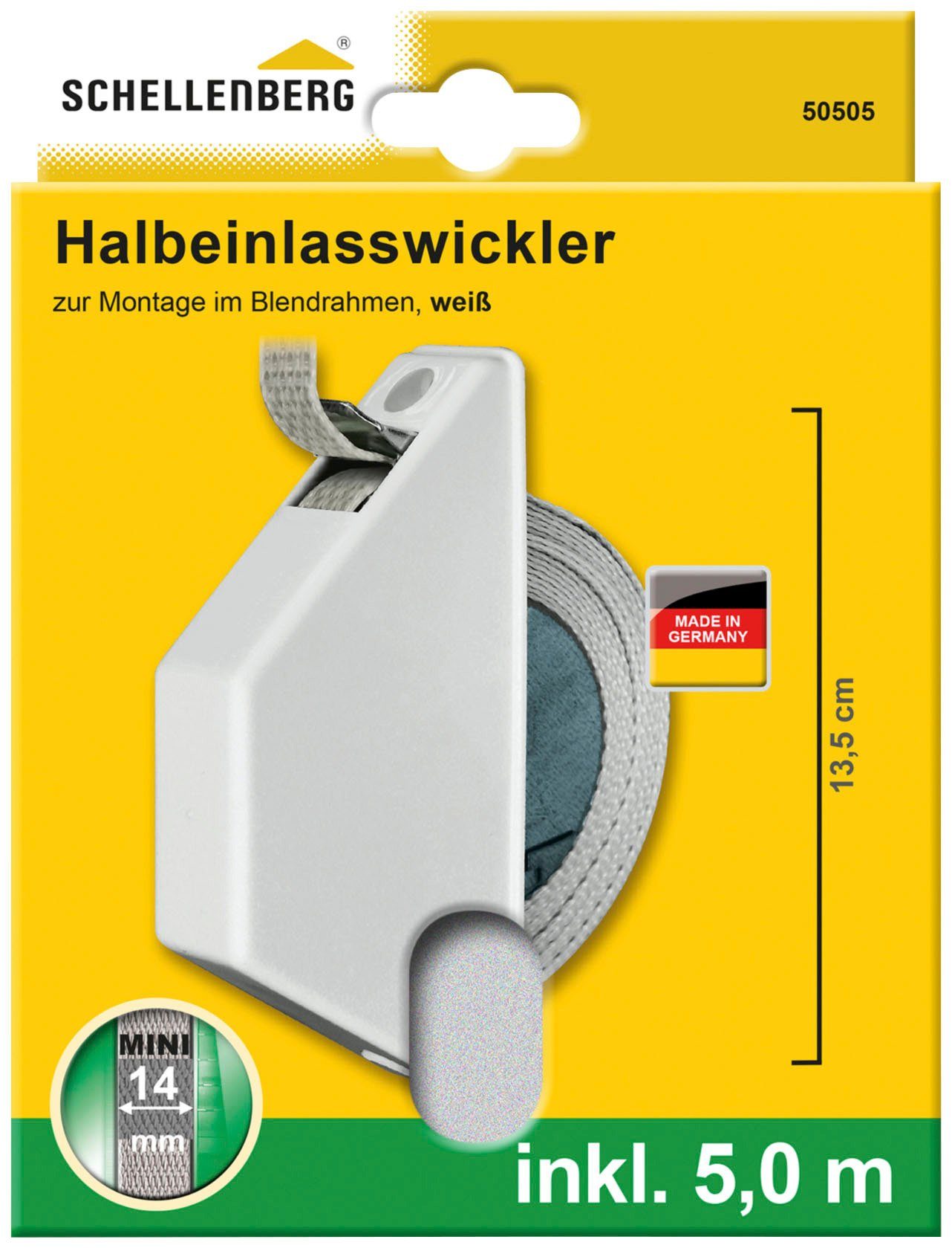 SCHELLENBERG Einlass-Gurtwickler für das Rollladensystem Mini, Unterputz-Montage, Halbeinlasswickler inkl. 5 m Rollladengurt, Lochabstand 13, 5 cm